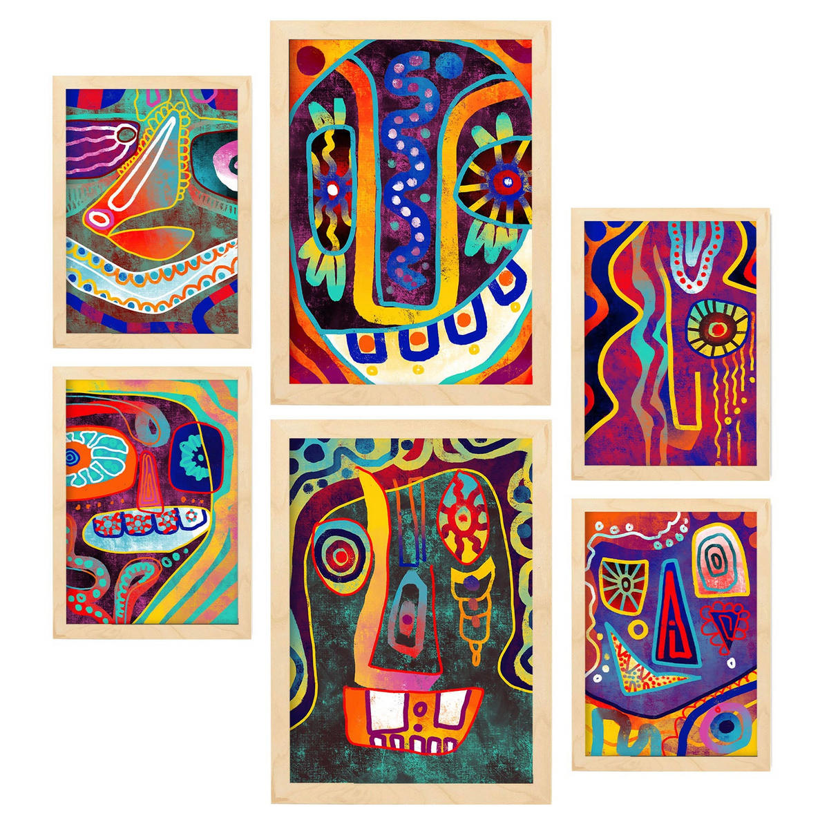 POSTER Set Mit 6 Gotischer Typ In Farbenfrohe Zusammenfassungen A3 & A4 Rahmen Aus Hellem Holz - Beige, Papier (29/3cm) - Nacnic