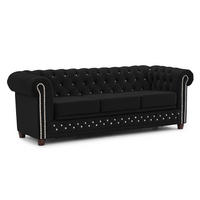 CHESTERFIELD-SOFA 3-Sitzer mit Schlaffunktion Cleo Blink Schwarz Samt mit Kristallsteppung und braunen Massivholzfüßen - Schwarz/Braun, Holz/Textil (203/72/86cm) - S-Style Möbel
