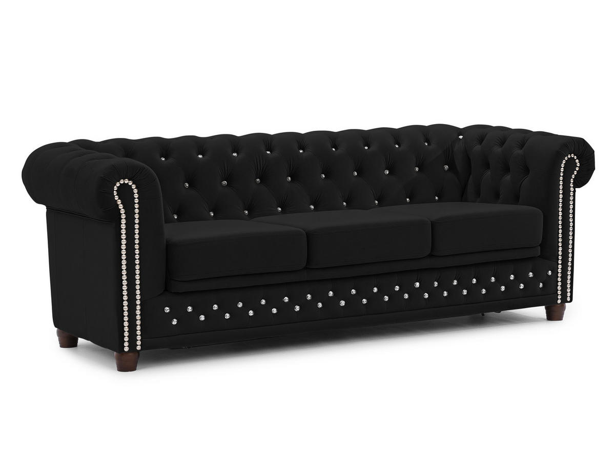 CHESTERFIELD-SOFA 3-Sitzer mit Schlaffunktion Cleo Blink Schwarz Samt mit Kristallsteppung und braunen Massivholzfüßen - Schwarz/Braun, Holz/Textil (203/72/86cm) - S-Style Möbel
