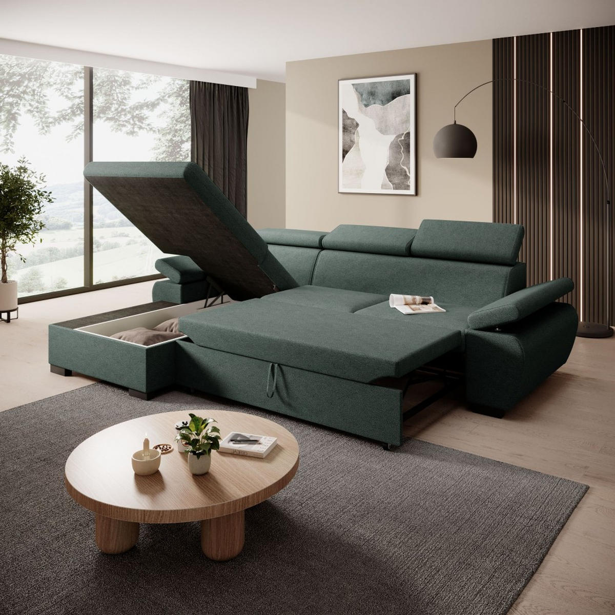 ECKSCHLAFSOFA Coco mit verstellbare Kopfstützen, dunkelgrün, links - Dunkelgrün, Textil (273/191cm) - Beautysofa