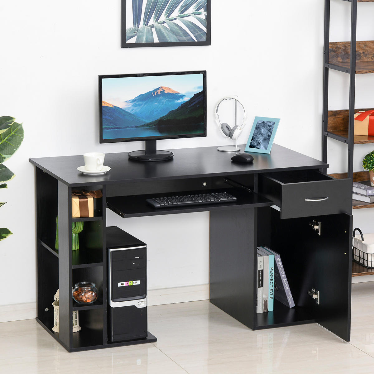 SCHREIBTISCH Schwarz mit Schublade, Tastaturauszug und Ablagefächern 120/60/74 cm - Schwarz, Holzwerkstoff (60/120/74cm) - PANGIVO