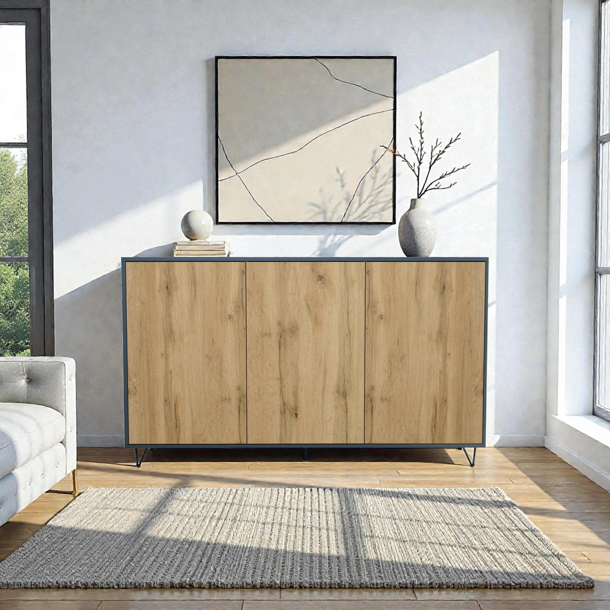 SIDEBOARD Elisa, Kommode mit Push-to-Open, Made in Germany, Moderner Schrank, Anthrazit matt/Eiche Evoke (152,5 x 90,5 x 37 cm) - Eiche Wotan, Holzwerkstoff (152.5/90.5/37cm) - InnoFurn