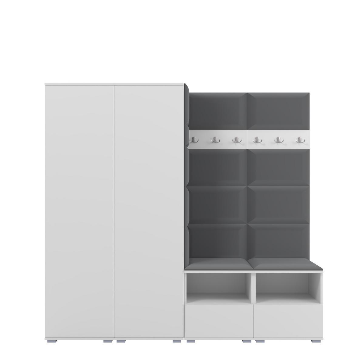 GARDEROBE NELA VI 200 cm (Kompaktgarderobe Weiß mit Sitzpolster Dunkelgrau 15 Schrank & Paneel) - Dunkelgrau/Silberfarben, Holz/Holzwerkstoff (200/187/40cm) - Ravio