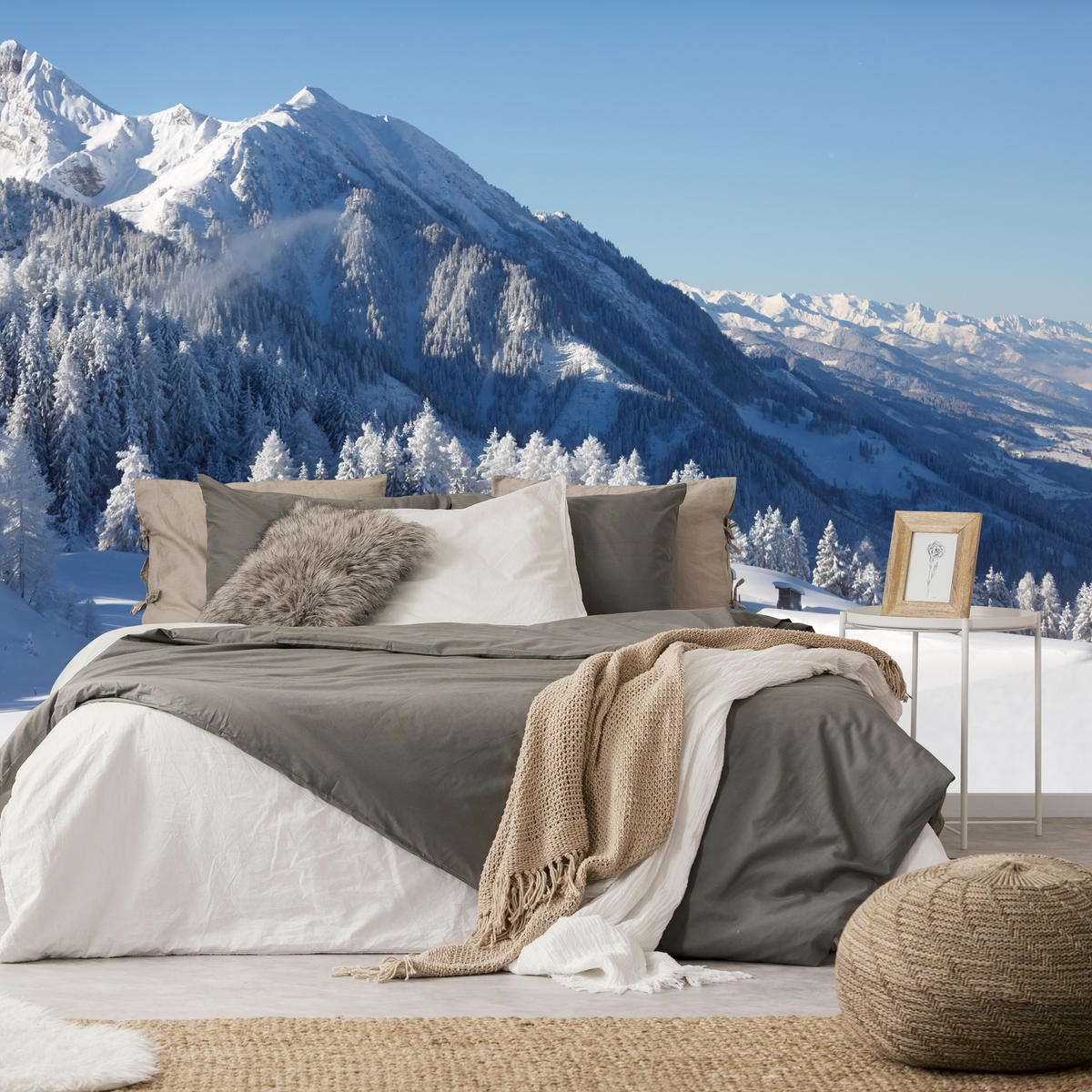 FOTOTAPETA Pre Obývaciu Izbu Drevená Chata Hory Stromy Zima 450 x 315 cm - biela, papier (450/315cm) - Muralo