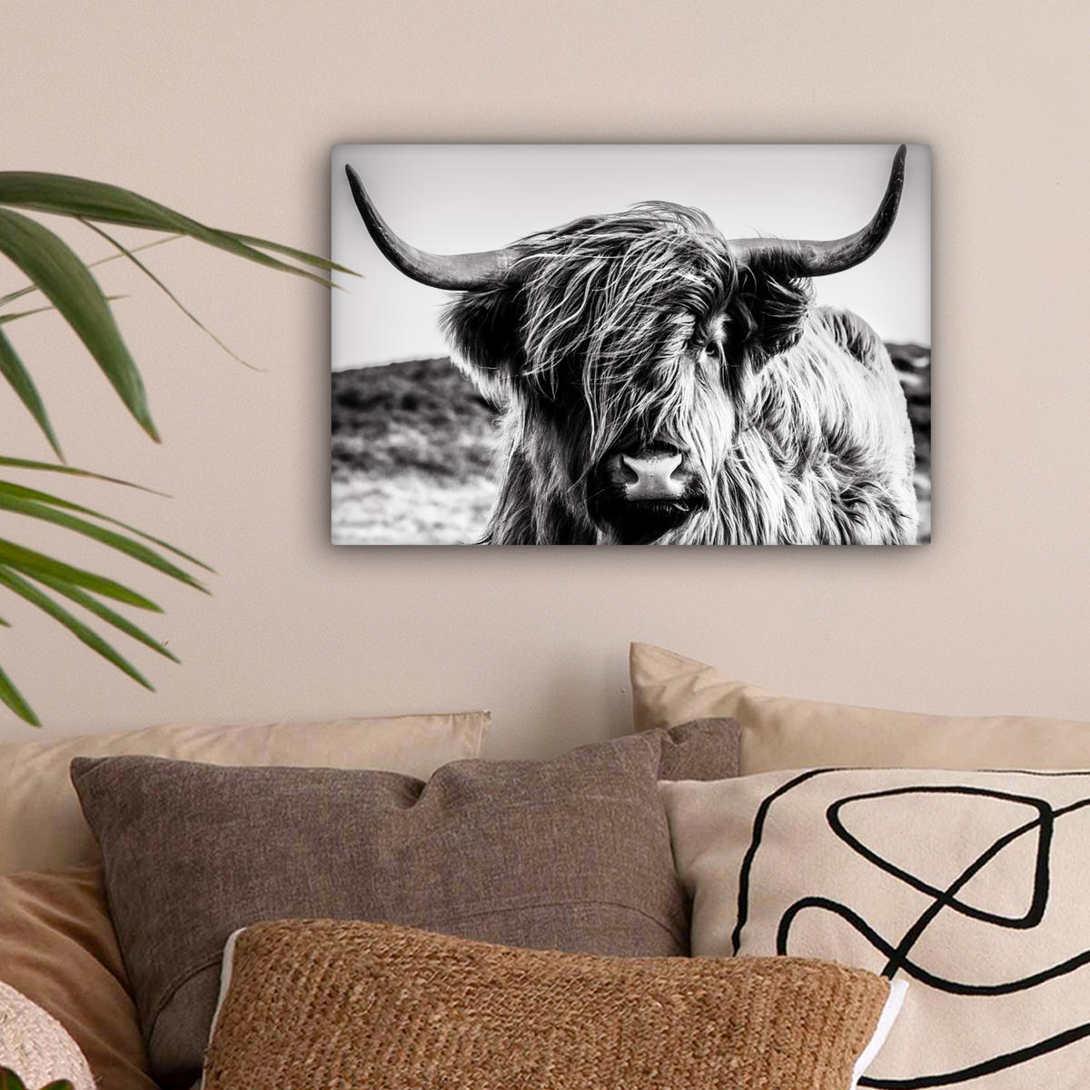OBRAZ NA PLÁTNĚ Kráva - Skotský horal - Černá - Bílá - Zvíře - Příroda - Divoká zvěř 30x20 cm - černá, textil (30/20cm) - MuchoWow