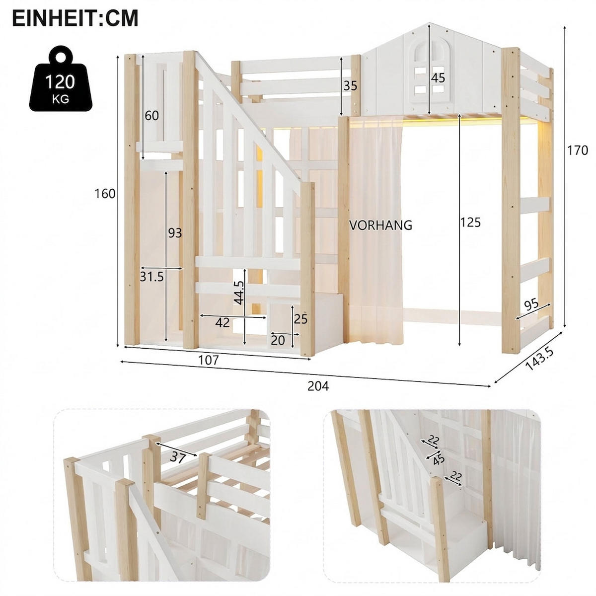 HOCHBETT 90/200 cm Weiß mit LED-Leuchten und Ablageleiter - Weiß, Holz (90/200cm) - Oxeza