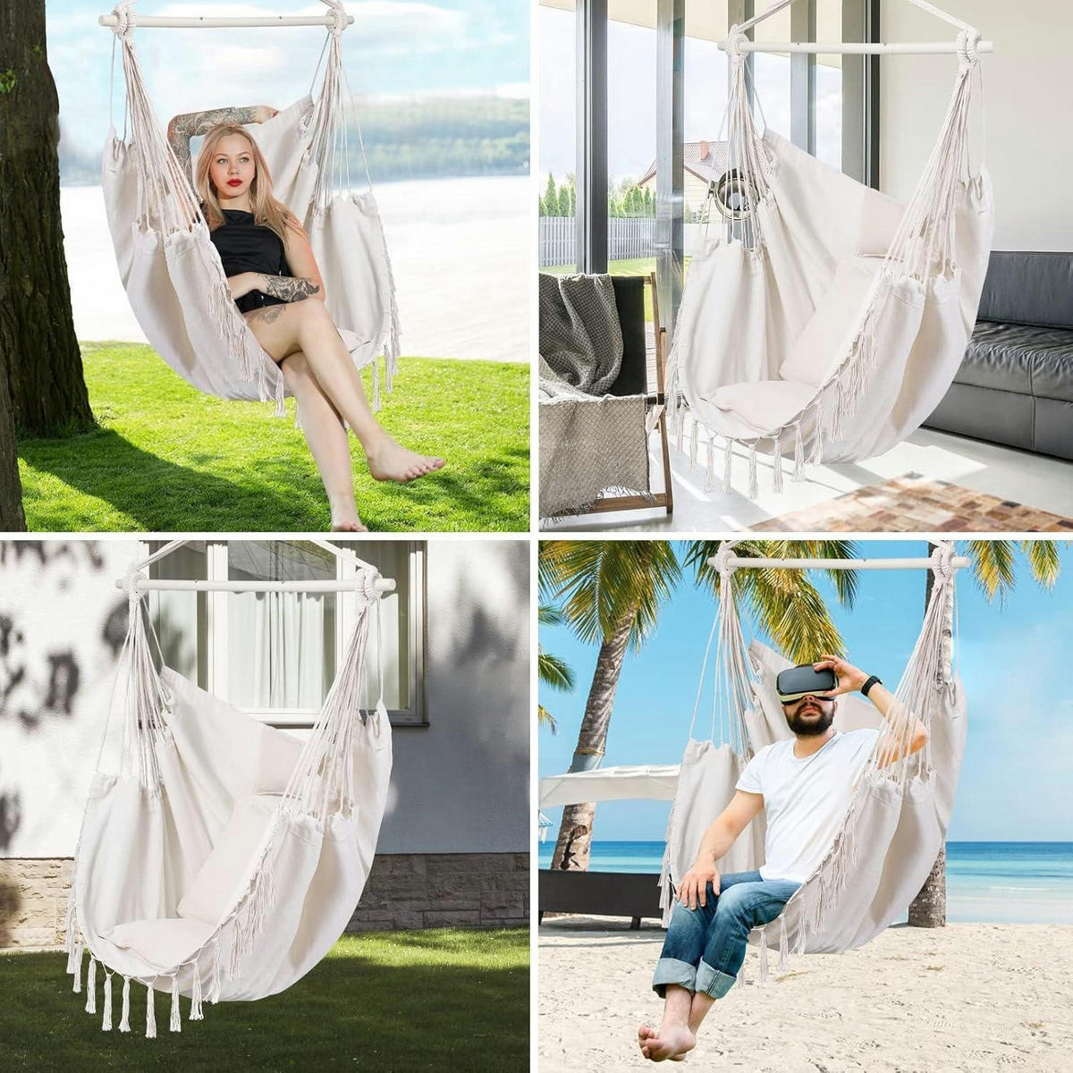 HÄNGEMATTENSTUHL Beige mit 2 Kissen 150 x 130 cm - Weiß, Textil (100/1.5/150cm)