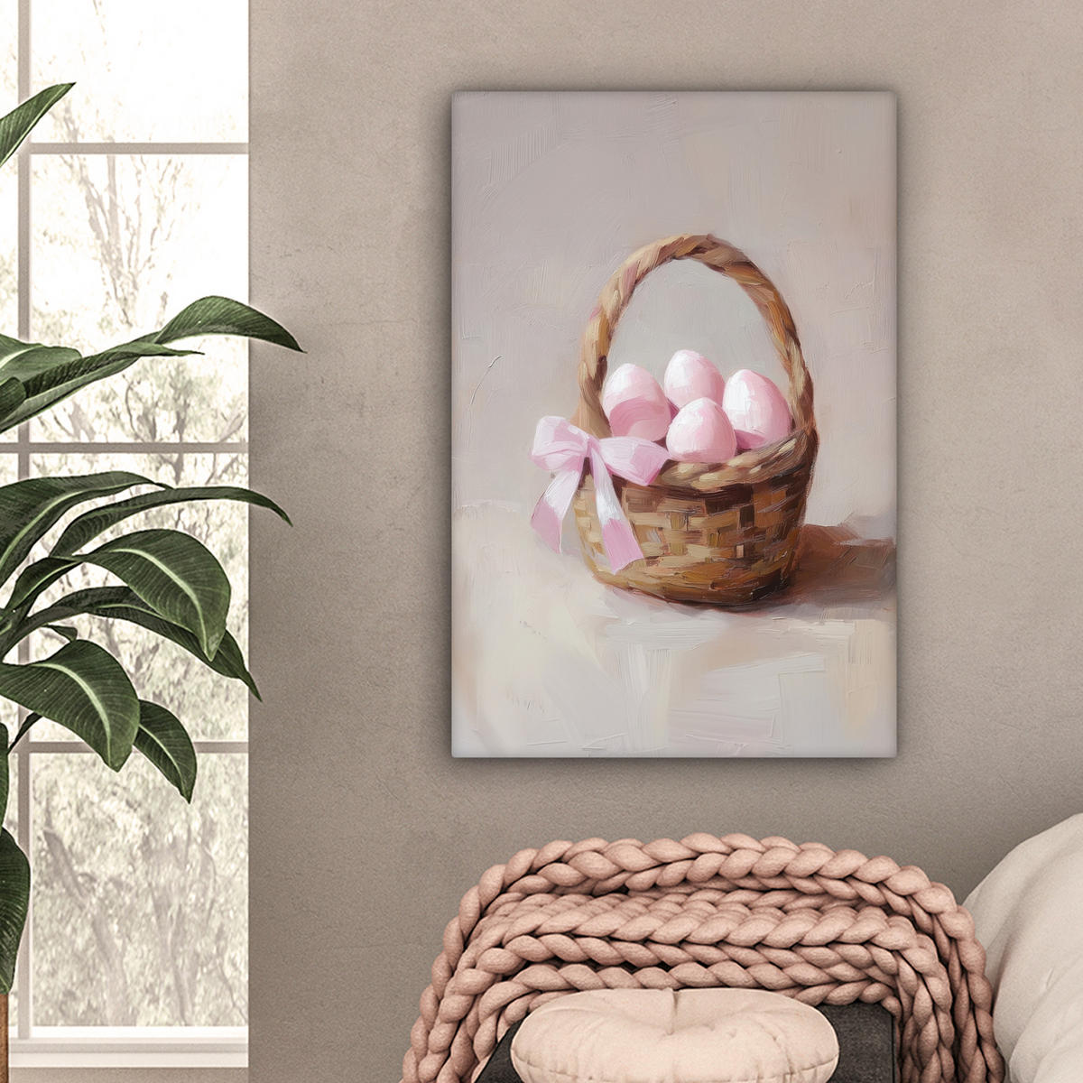 LEINWANDBILD Korb - Eier - Rosa Wanddeko Schlafzimmer 60x90 cm - Beige, Textil (60/90cm) - MuchoWow