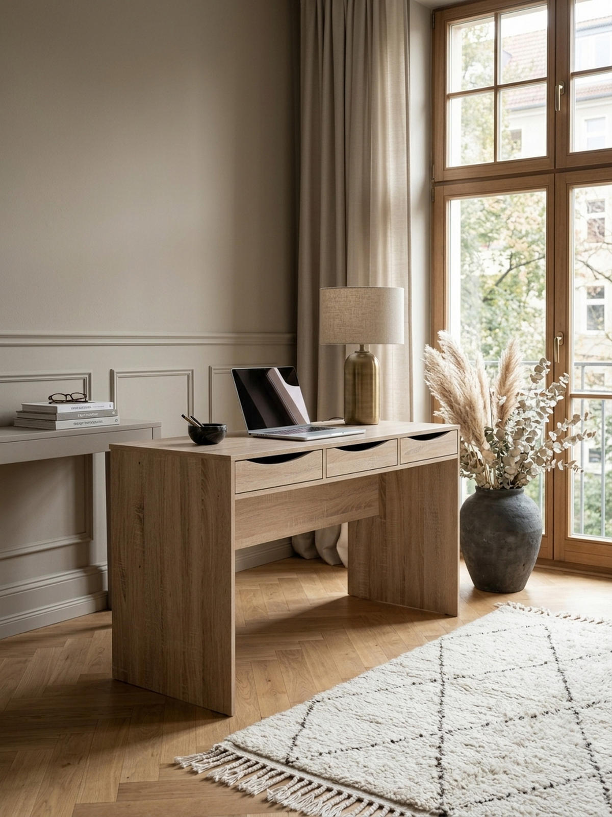 SCHREIBTISCH – Sonoma Eiche, mit Schubladen, praktische Blende, stabil - Beige, Holz (55/120/75cm) - KADIMA DESIGN