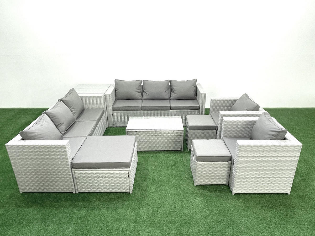 GARTENGARNITUR mit 3-SITZER SOFA,COUCHTISCH Polyrattan Hellgrau-Mix 11-Sitzer - Hellgrau/Grau, Glas/Kunststoff - Fimous
