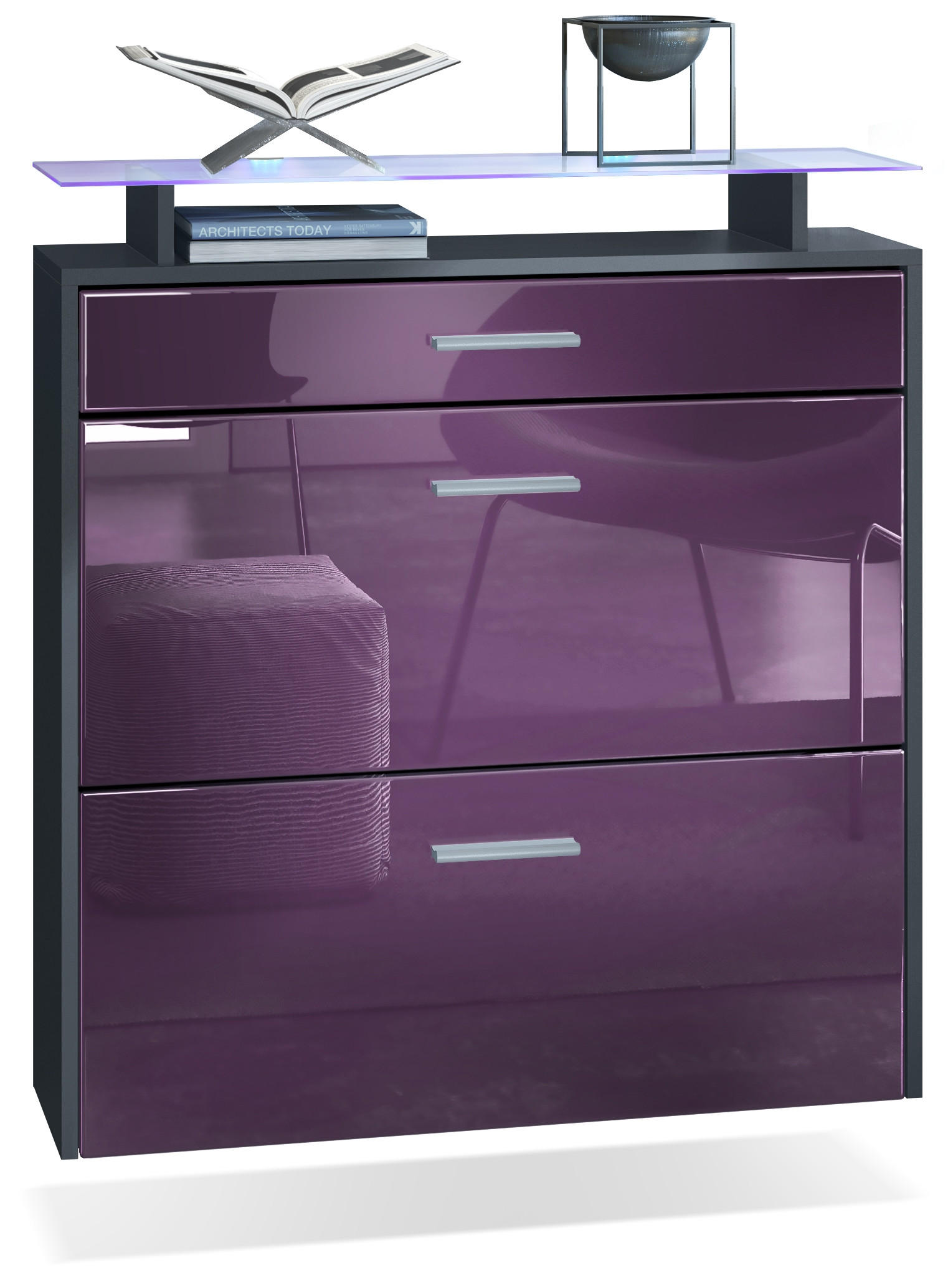 SCHUHSCHRANK Malea Fronten in Brombeer Hochglanz - Brombeere, Holzwerkstoff (89/96/23cm) - Vladon