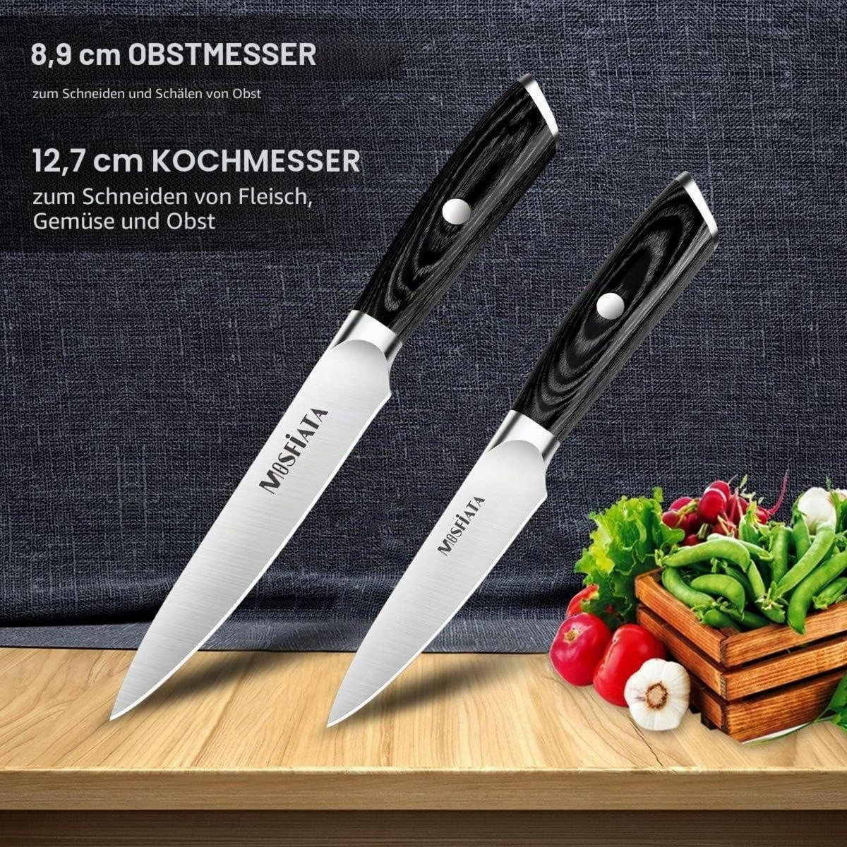 KÜCHENMESSER-SET 2-teilig mit Holzgriff und Schutzhülle - Silberfarben, Metall (13cm)