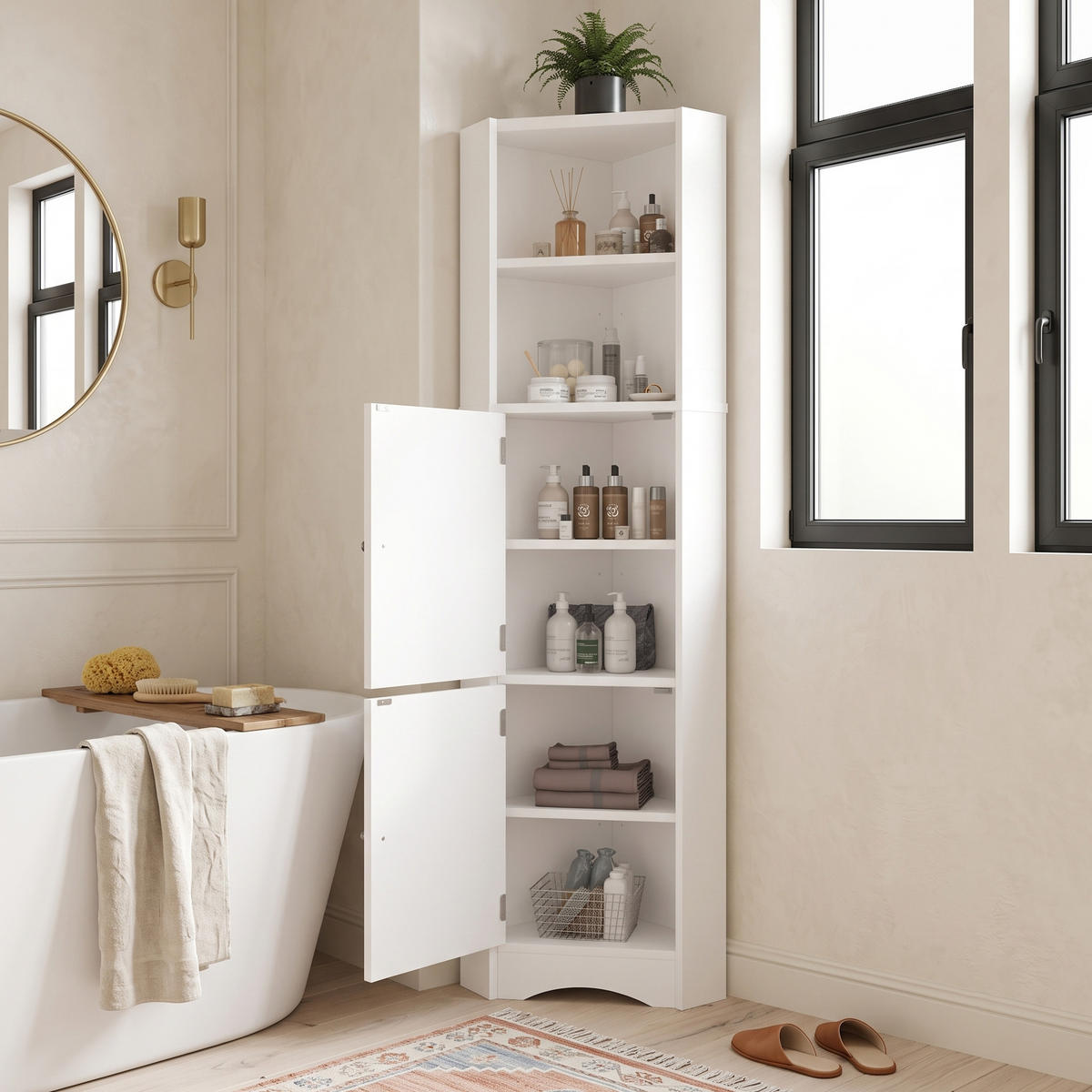 BADEZIMMER ECKSCHRANK Weiß 155cm mit 2 Türen & Offenen Ablagen - Weiß, Holzwerkstoff (51.7/155.4/32cm) - Urban Meuble
