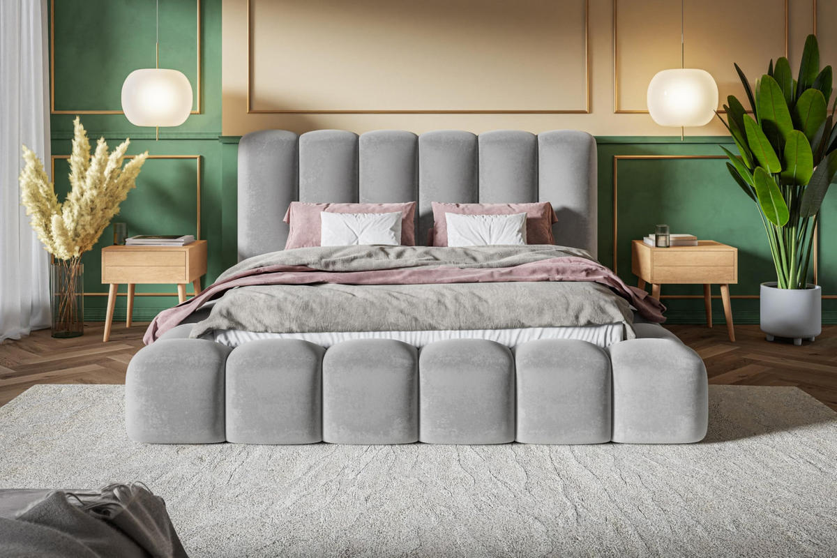 BETT 120x200 - Polsterbett mit Bettkasten und Metallrahmen - Modern Bett - Eleganter Jasmine-Stoff - Kollektion Nora Maxi - Grau - Grau, Holz/Textil (120/200cm) - Alpi-Möbel