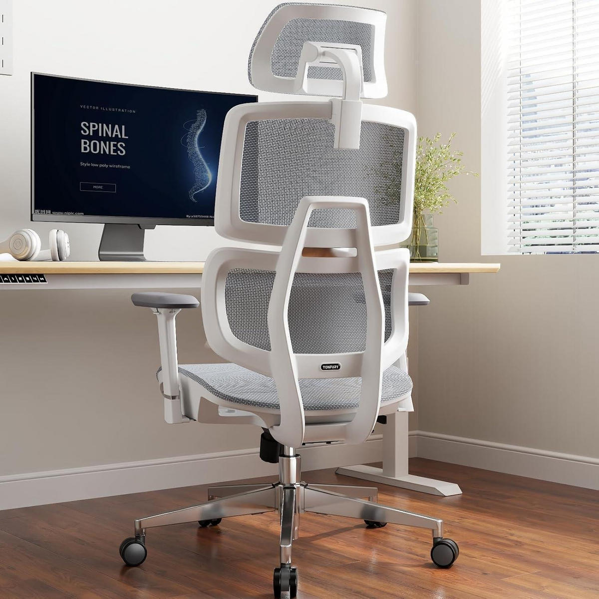 BÜROSTUHL mit Netzrücken und Lendenwirbelstütze Weiß - Grau, Textil (68/130/68cm)