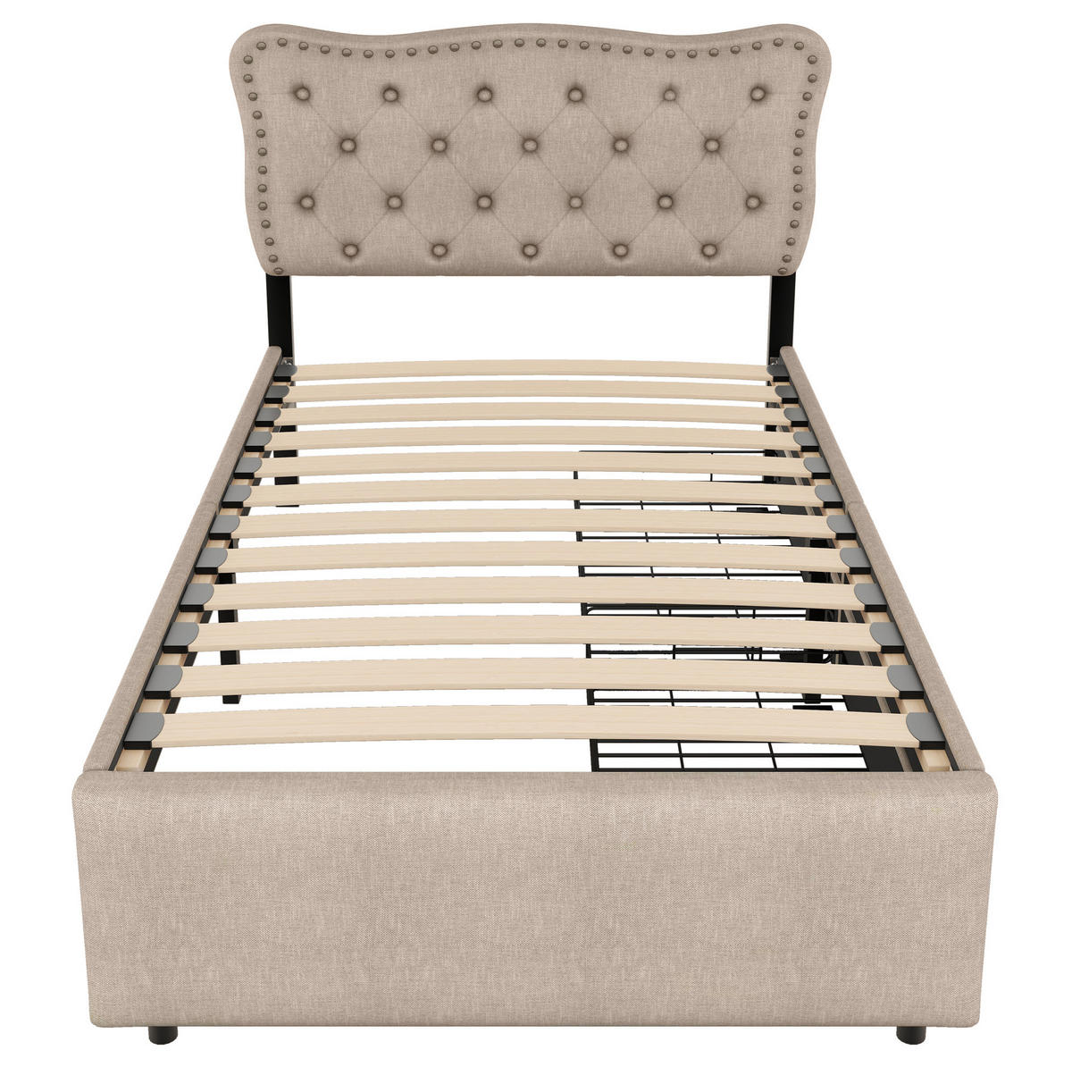 POLSTERBETT aus MDF und Leinen 90x200 cm in Dunkelbeige mit 2 Schubladen - Beige, Textil (90/200cm) - Modfu