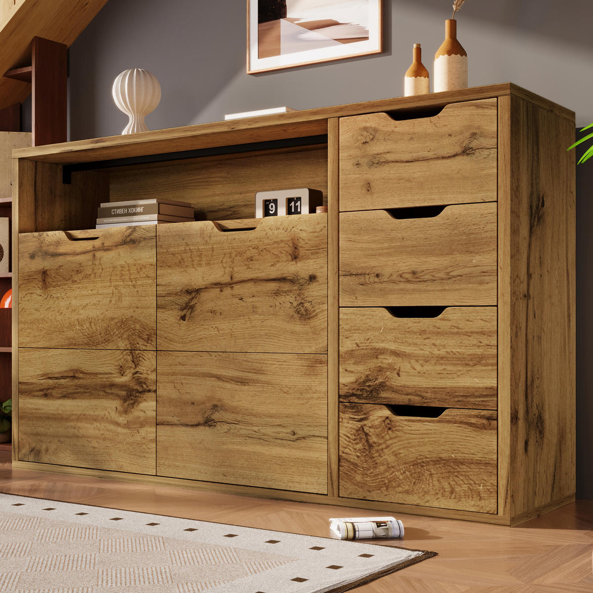 SIDEBOARD 150/40/90 cm mit 2 Türen, 4 Schubladen, offenem Fach und verstellbaren Einlegeböden, Eichefarben - Eichefarben, Holzwerkstoff (150/90/40cm) - Redom