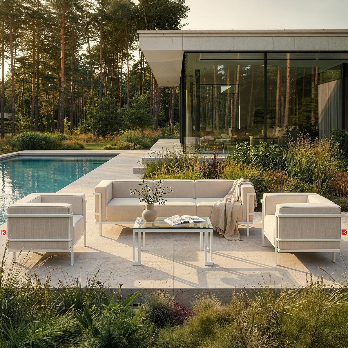 GARTENSOFA TRIGLO 3-Personen, Stahlrahmen, Modern, Weiß - Beige/Weiß, Textil/Metall (229/70/69cm) - KONSIMO®