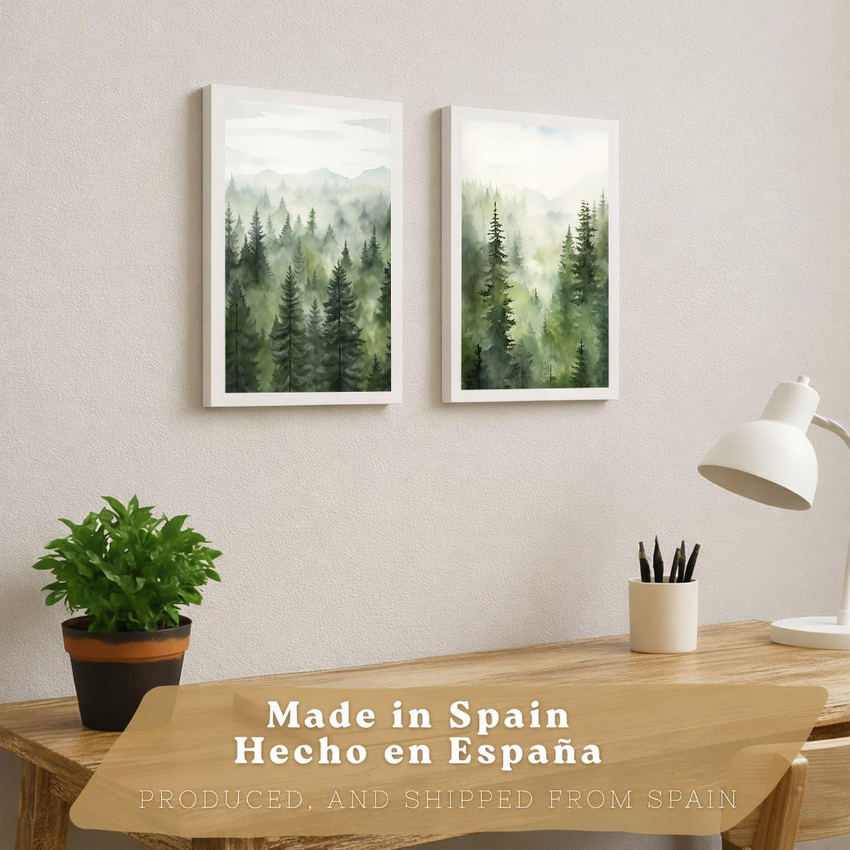 PLAKAT Sada 2 dekorativních tisků Nordic Forest Landscape Moderní obývák Obrázky - Zelené dekorativní plakáty Dekorace Obývací pokoj A3 Bílý rám - bílá, papír (29.7/42/3cm) - Nacnic