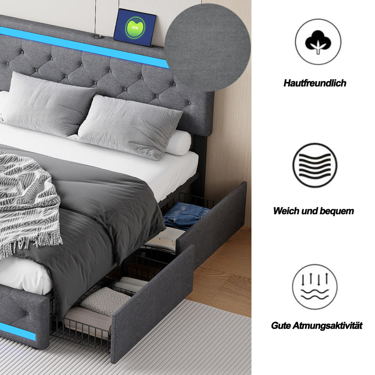 POLSTERBETT 140x190 cm, Funktionsbett mit Schubladen, LED & USB, Grau - Grau, Holz (140/190cm)