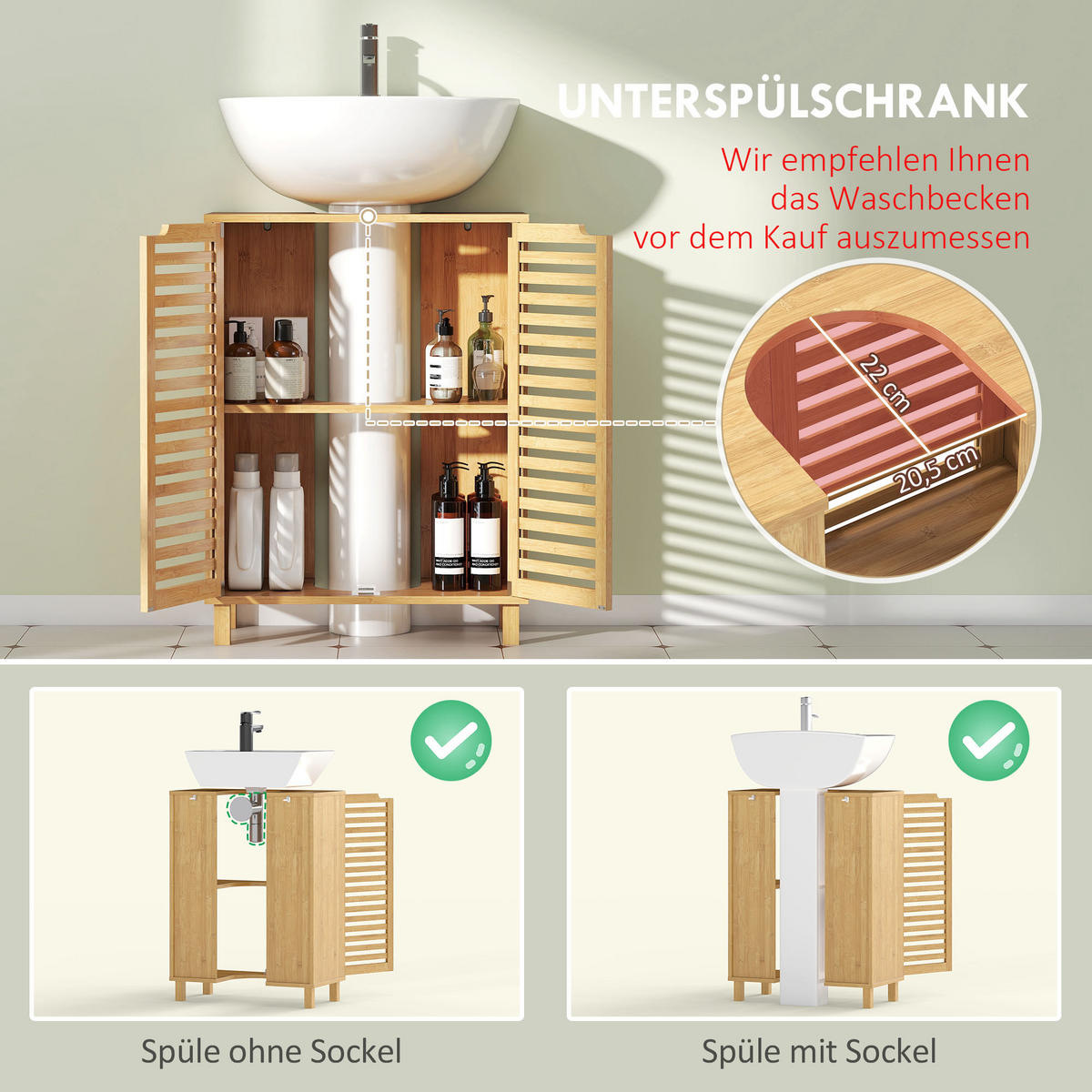 WASCHBECKENUNTERSCHRANK mit 2 Lamellentüren und verstellbarem Einlegeboden - Naturfarben, Holz (30/80/60cm) - HOMCOM
