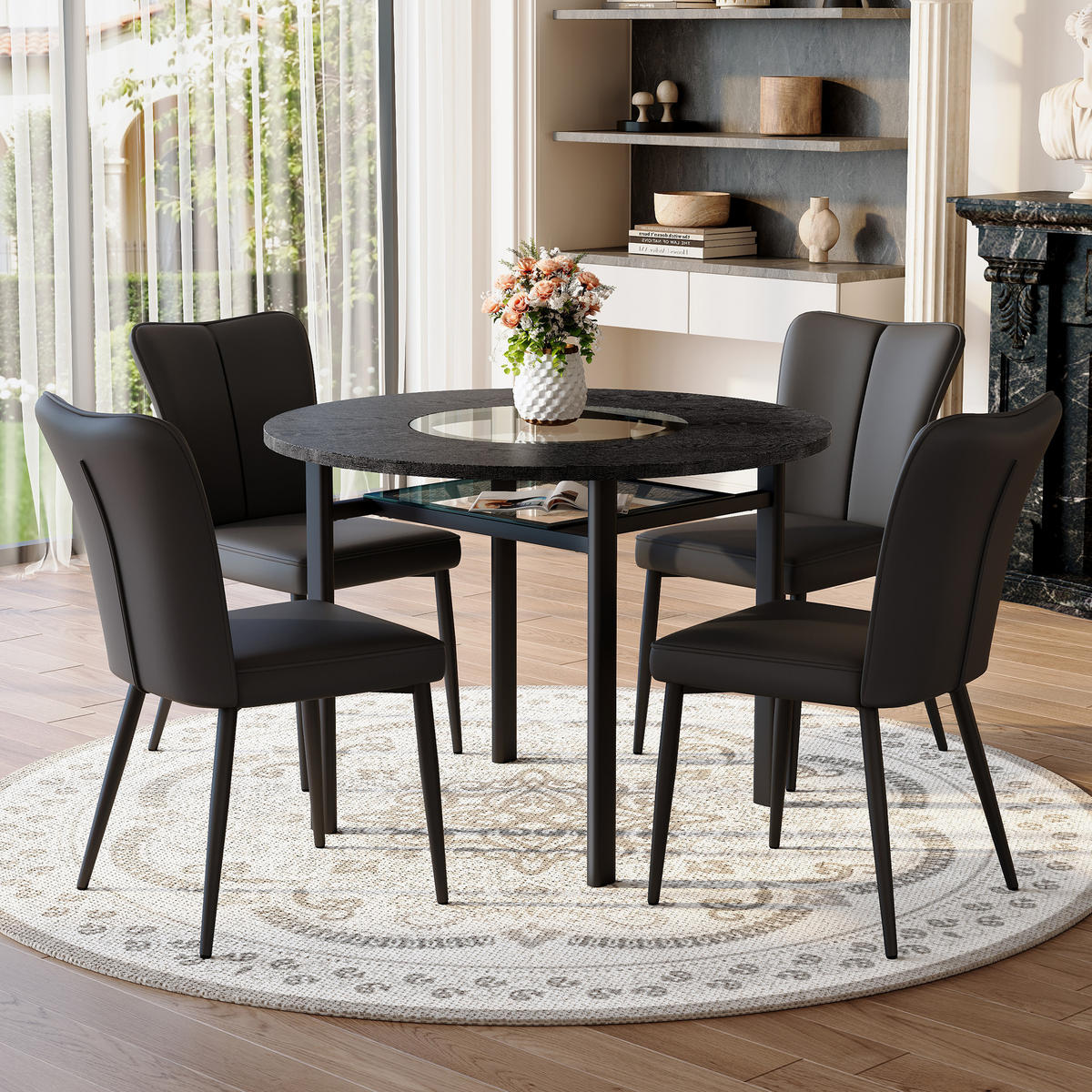 ESSGRUPPE DE-39380 5-teilig, mit 4 PU-Sesseln und Glasplatte Schwarz - Schwarz, Metall (100/76/100cm) - ComfortXL