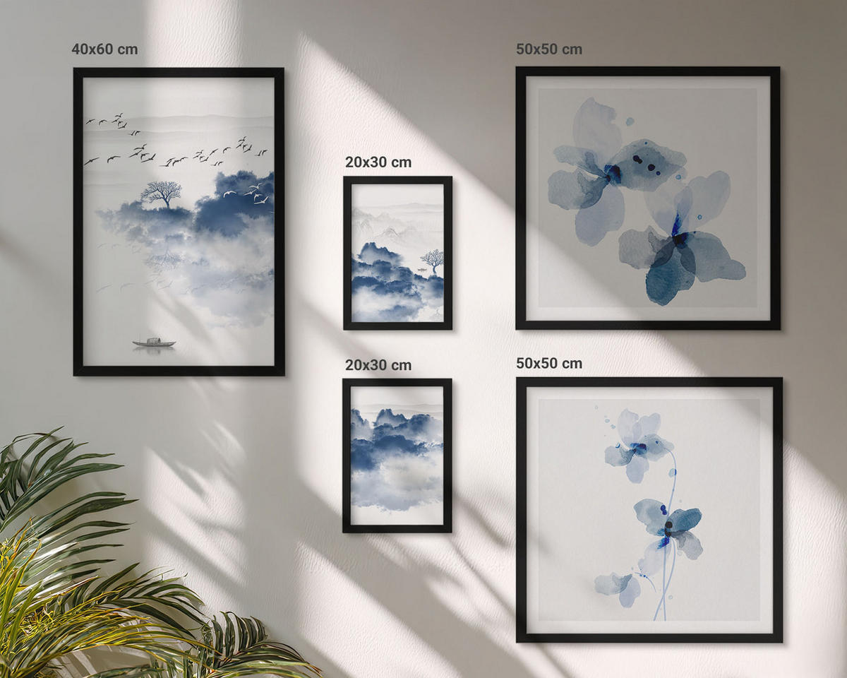 BILDER SET 5er Set - 50x50 cm & 20x30 cm & 40x60 cm Schwarzer Rahmen - Berge, Wolken, Bäume, Vögel im Hintergrund - Schwarz, Kunststoff (40/60cm) - TULUP