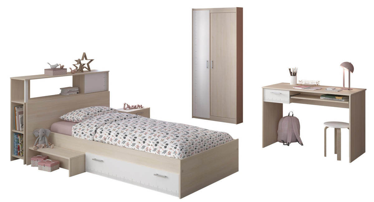 KINDERZIMMER Jugendzimmer Komplett-Set 5-tlg. Kleiderschrank Schreibtisch Bett 90x200 - Silberfarben/Weiß, Holz/Holzwerkstoff (203/180/123cm) - Parisot Meuble