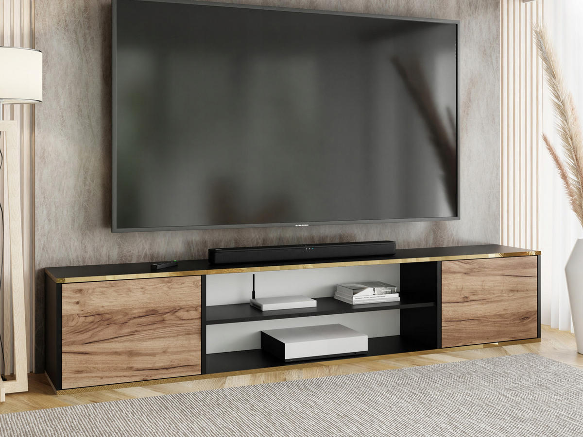 TV-LOWBOARD EDI GOLD 4 Schwarz/ Craft Gold Eiche – 2-türig - Honigeiche/Goldfarben, Holzwerkstoff (206.4/42/38.9cm)
