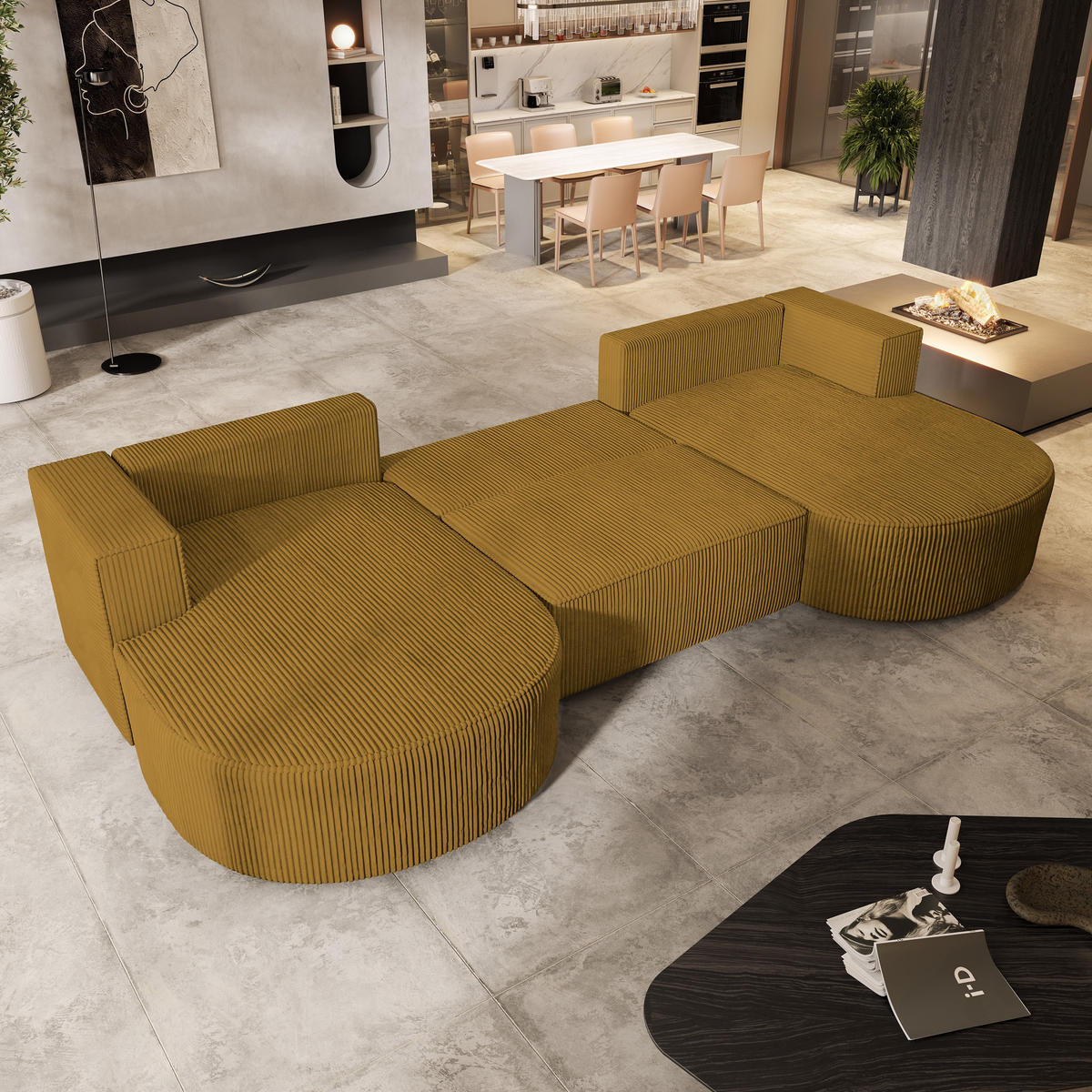 WOHNLANDSCHAFT VEZZO P Gelb Kordstoff mit Schlaffunktion - Gelb, Holz (347/85/174cm) - MASSENO