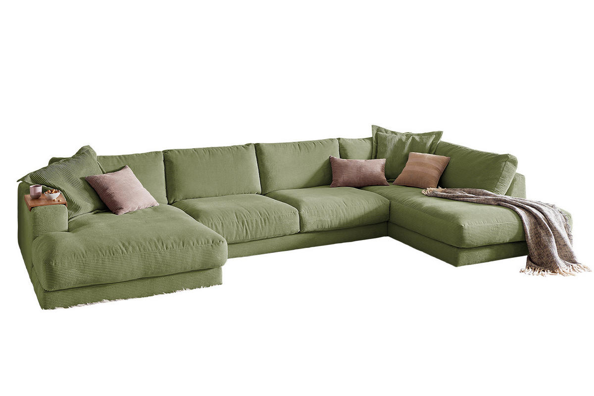 WOHNLANDSCHAFT MADELINE Dunkelgrün Cord - Dunkelgrün/Schwarz, Kunststoff/Textil (425/86/224cm) - KAWOLA