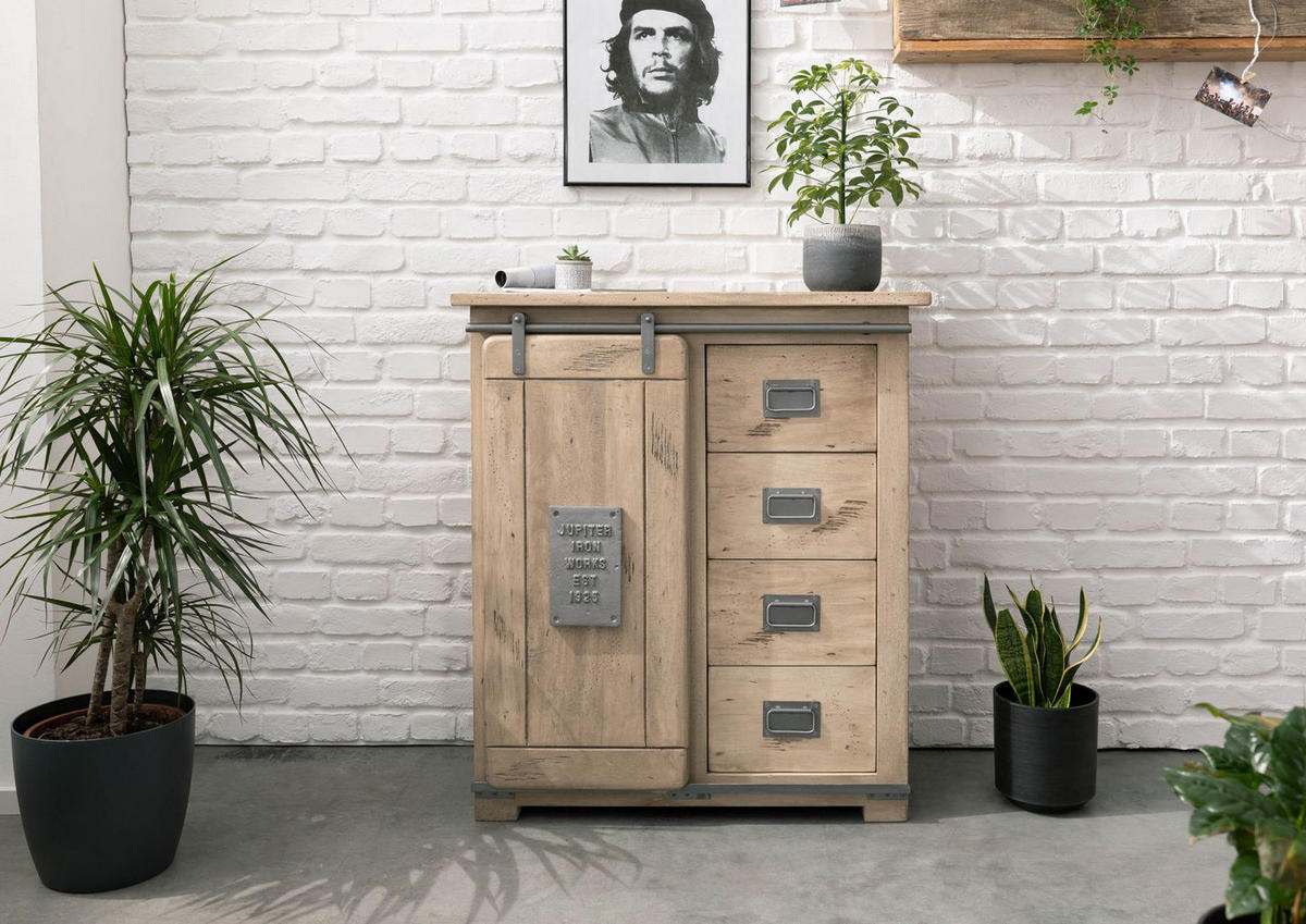 KOMMODE Mango 90x45x100 whitewash lackiert RAILWAY #303 - Beige, Holz (90/100/45cm) - Massivmoebel24