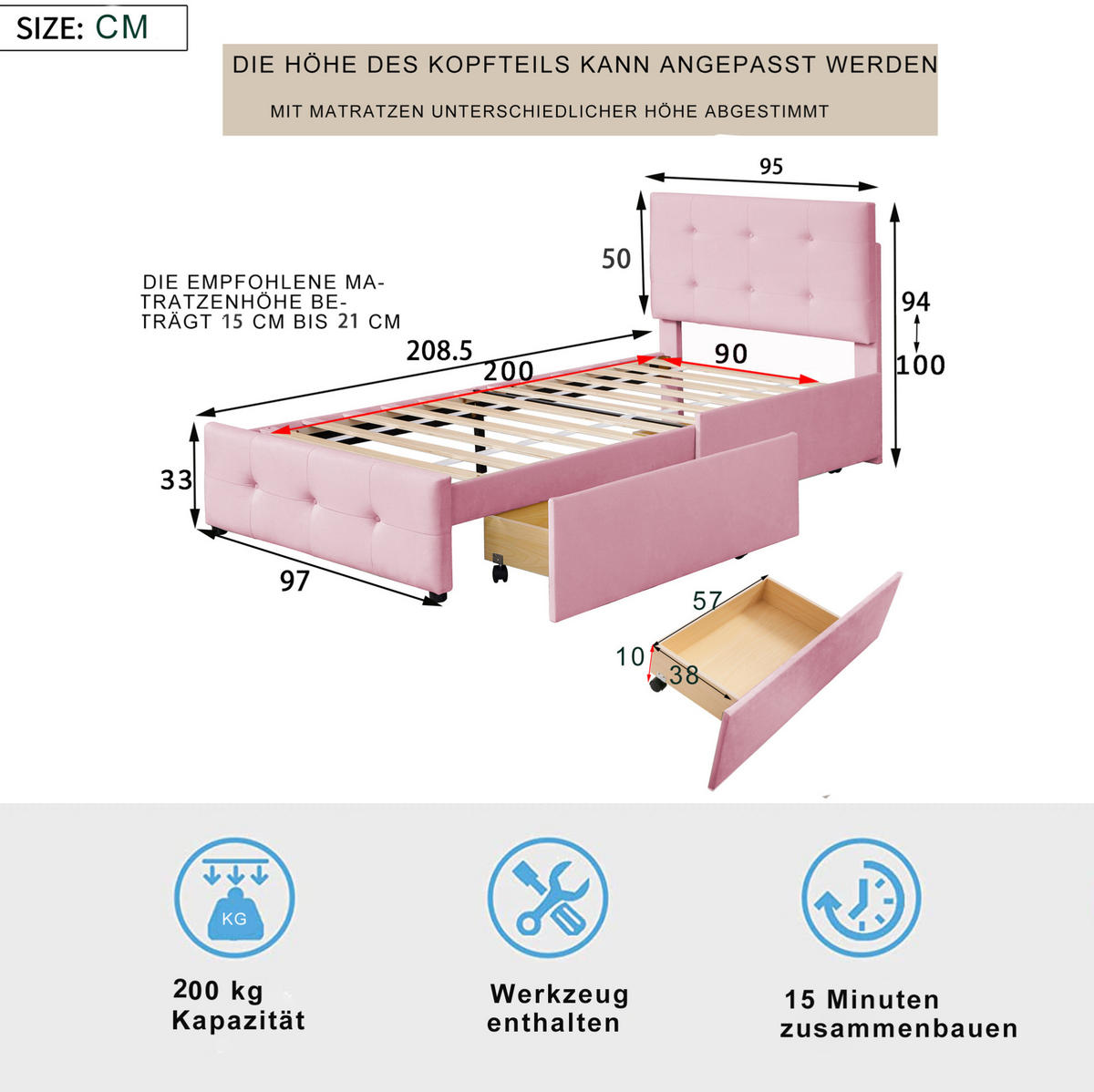 DETSKÁ posteľ 90/200 cm ružová zo zamatu so zásuvkou a lamelovým roštom - pink, textil (90/200cm) - OKWISH