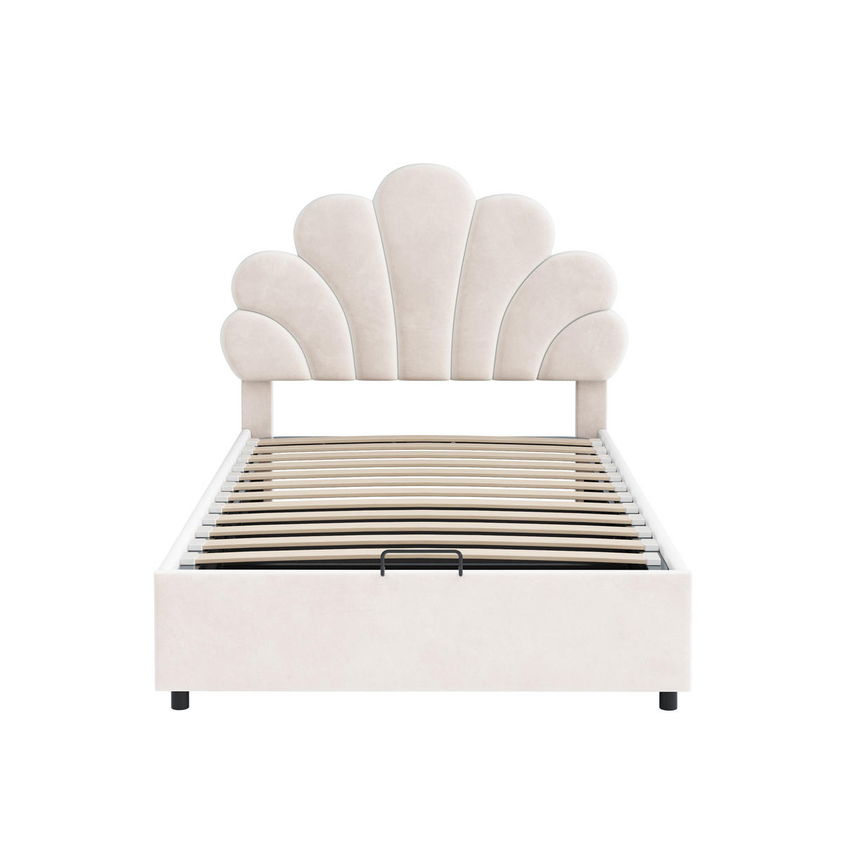 KINDEREINZELBETTEN aus Samt 90x200 cm in Beige mit hydraulischem Stauraum - Beige, Textil (90/200cm) - Modfu