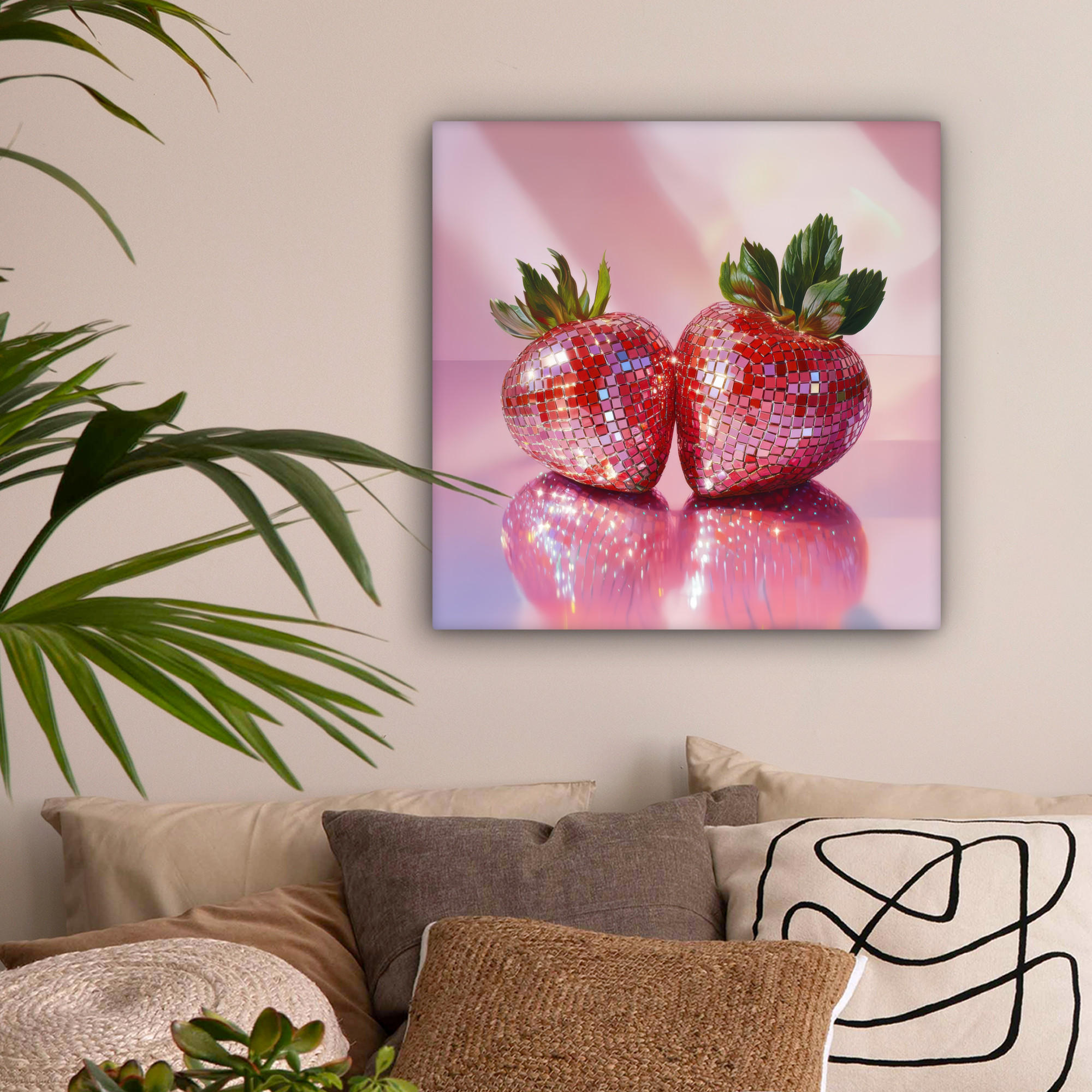 LEINWANDBILD Disco - Obst - Glitzer - Erdbeere 50x50 cm - Pink, Textil (50/50cm) - MuchoWow