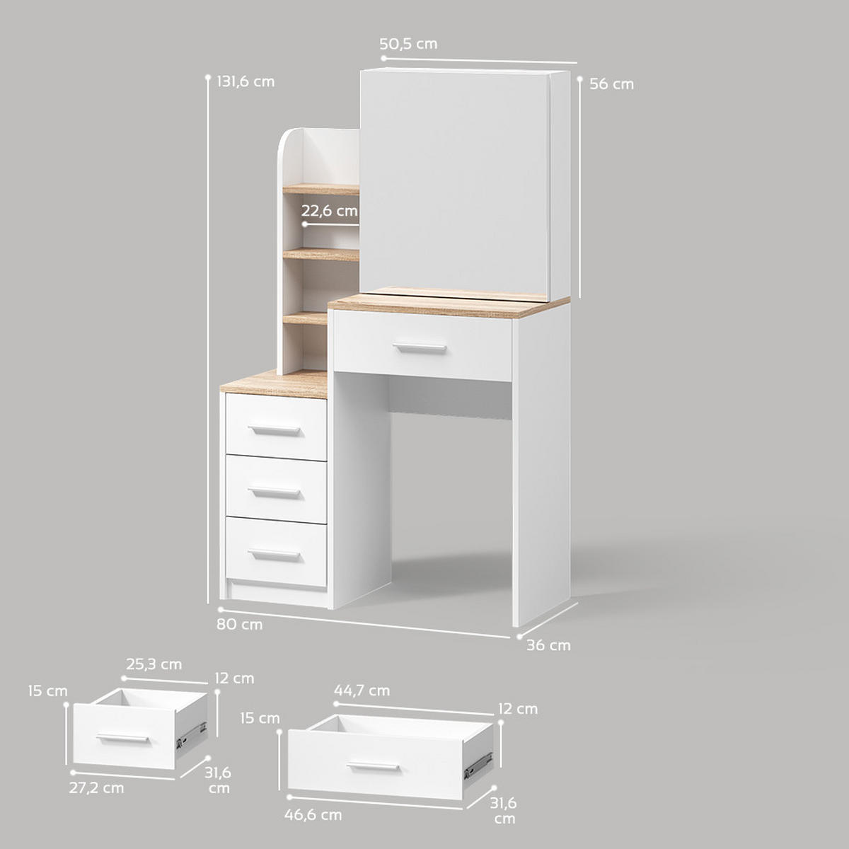 SCHMINKTISCH Loreta Weiß/Sonoma 80 cm - Weiß/Sonoma Eiche, Holzwerkstoff (80/131.6/36cm) - Livinity®
