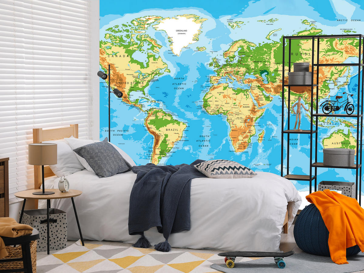 FOTOTAPETE für Wohnzimmer Physische Weltkarte Schriften 150x105 - Blau/Gelb, Papier (150/105cm) - Muralo