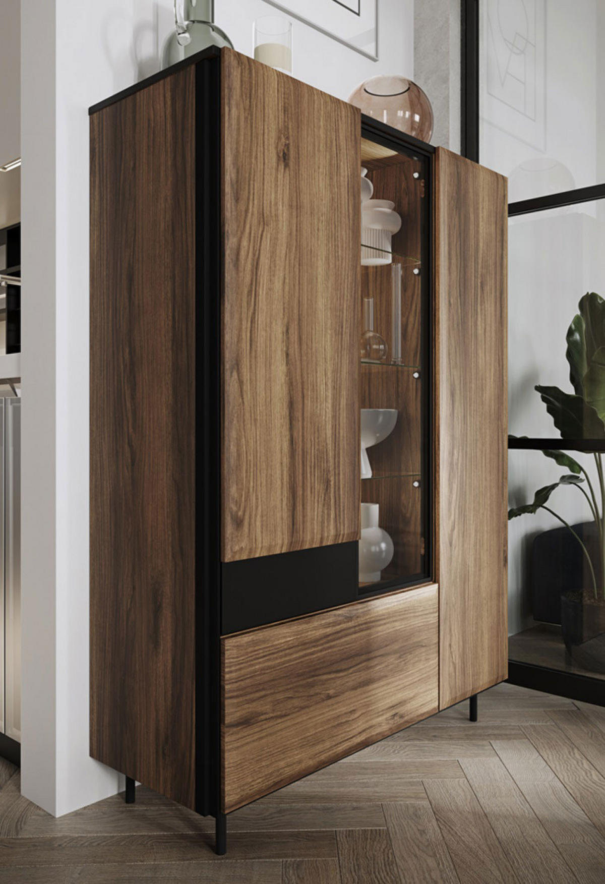 HIGHBOARD Borga Eiche Catania / schwarz 100 / 41 / 143cm - Eichefarben/Schwarz, Glas/Holzwerkstoff (100/143/41cm) - Feldmann-Wohnen