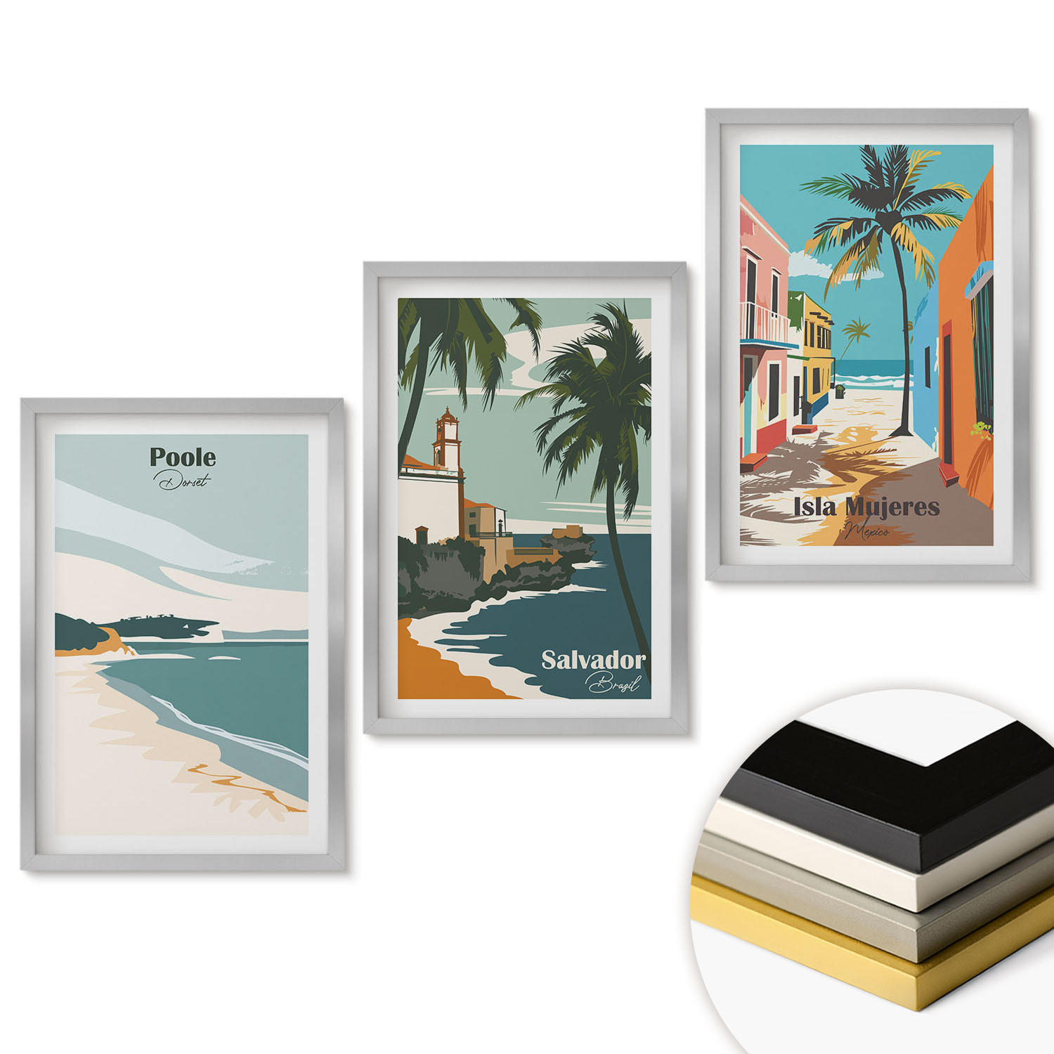 WANDBILDER 3er Set - 40x60 cm Silberner Rahmen - Tropische Strände und Palmen - Silberfarben, Kunststoff (40/60cm) - ArtPrintCave