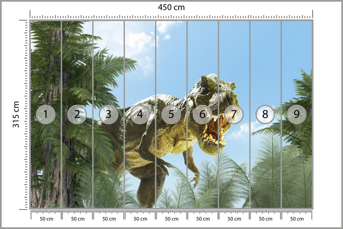 FOTOTAPETE für Jugendzimmer Riesen Dinosaurier Tropenwald Pflanzen 450x315 - Blau/Braun, Papier (450/315cm) - Muralo