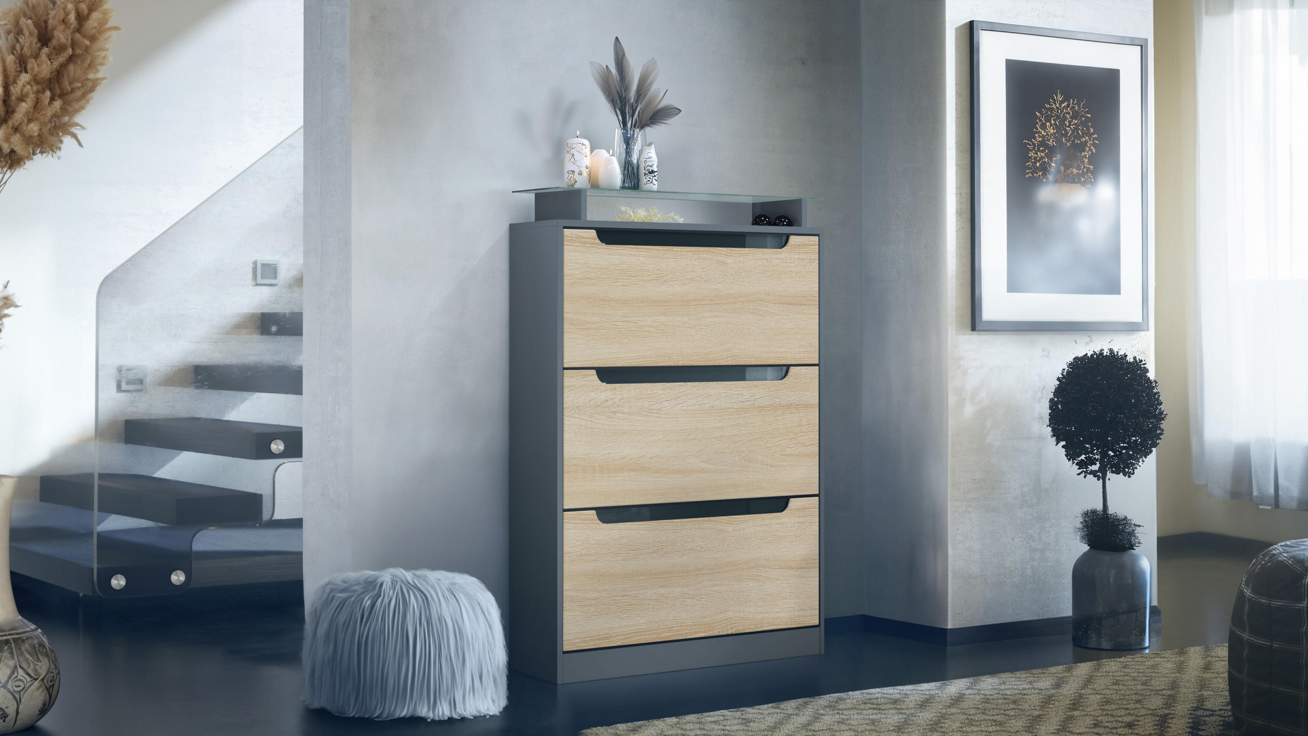 SCHUHSCHRANK Space Eiche sägerau - Eiche San Remo, Holzwerkstoff (89/128/23cm) - Vladon