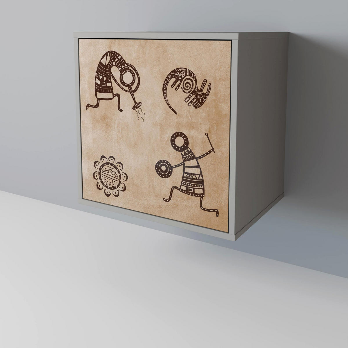 SIDEBOARD AFRICAN STYLE, Grau, 57,5x42x72,5 cm, Schwarze Metallfüße - Multicolor/Schwarz, Holzwerkstoff/Metall (57.5/72.5/42cm) - SpaceRebels