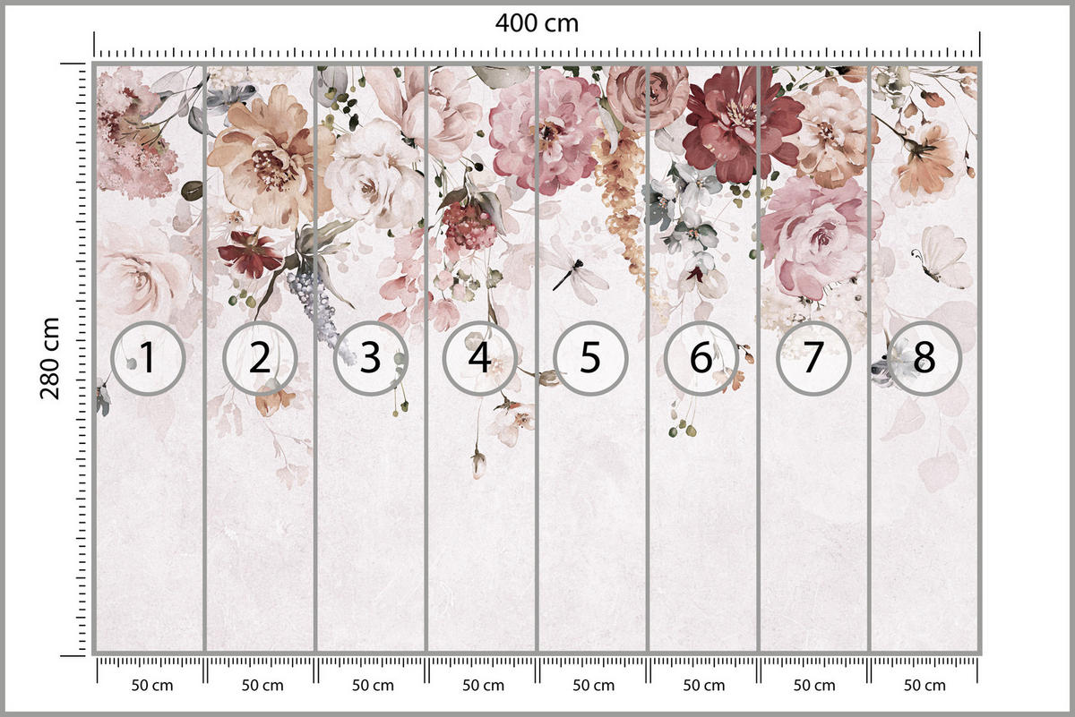 FOTOTAPETE für Schlafzimmer Aquarell Bunte Blumen Ranken Blätter 400x280 - Rot/Rosa, Papier (400/280cm) - Muralo