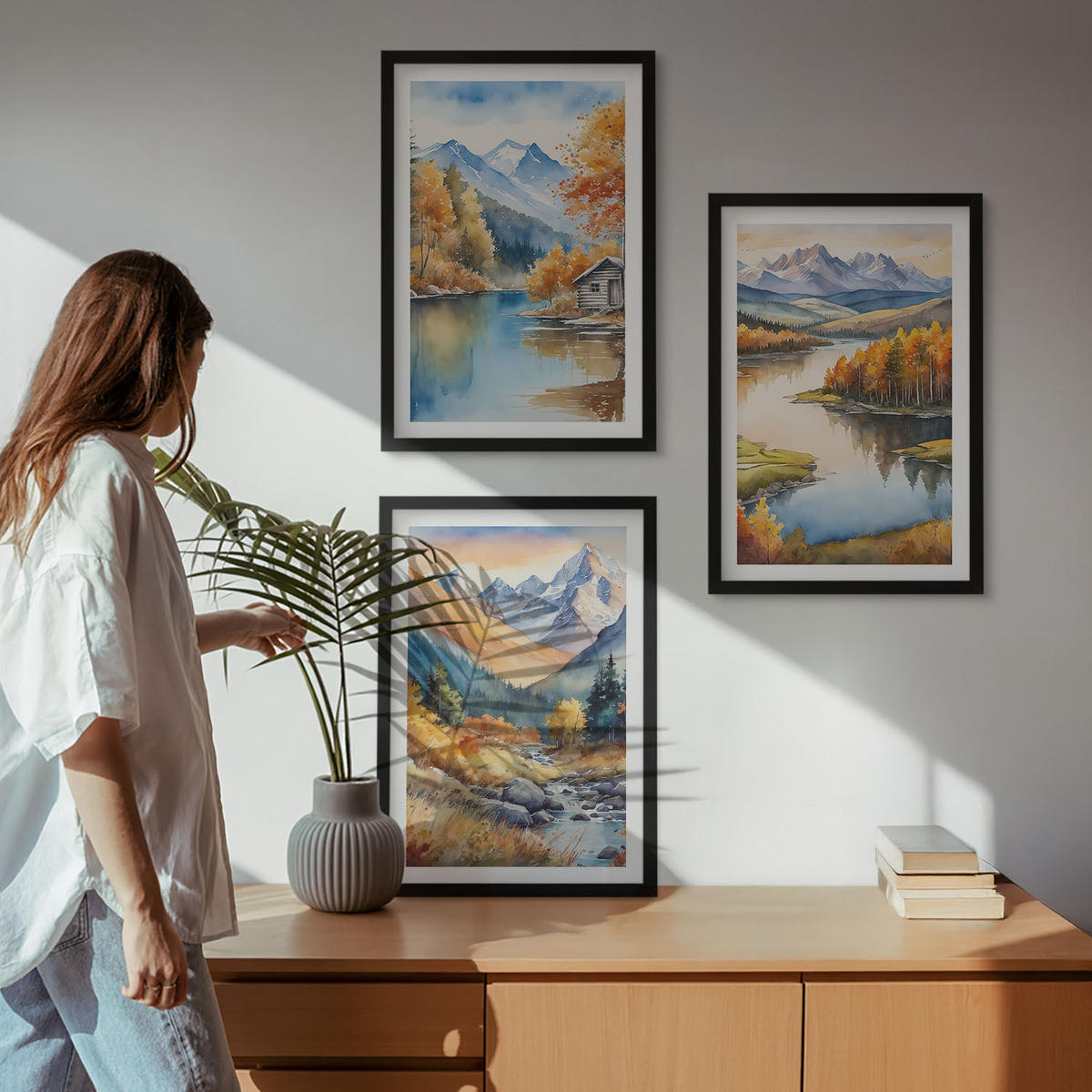 WANDBILDER 3er-Set - 40x60 cm Schwarzer Rahmen - Gebirgsflüsse, Herbstbäume - Schwarz, Kunststoff (40/60cm) - ArtPrintCave