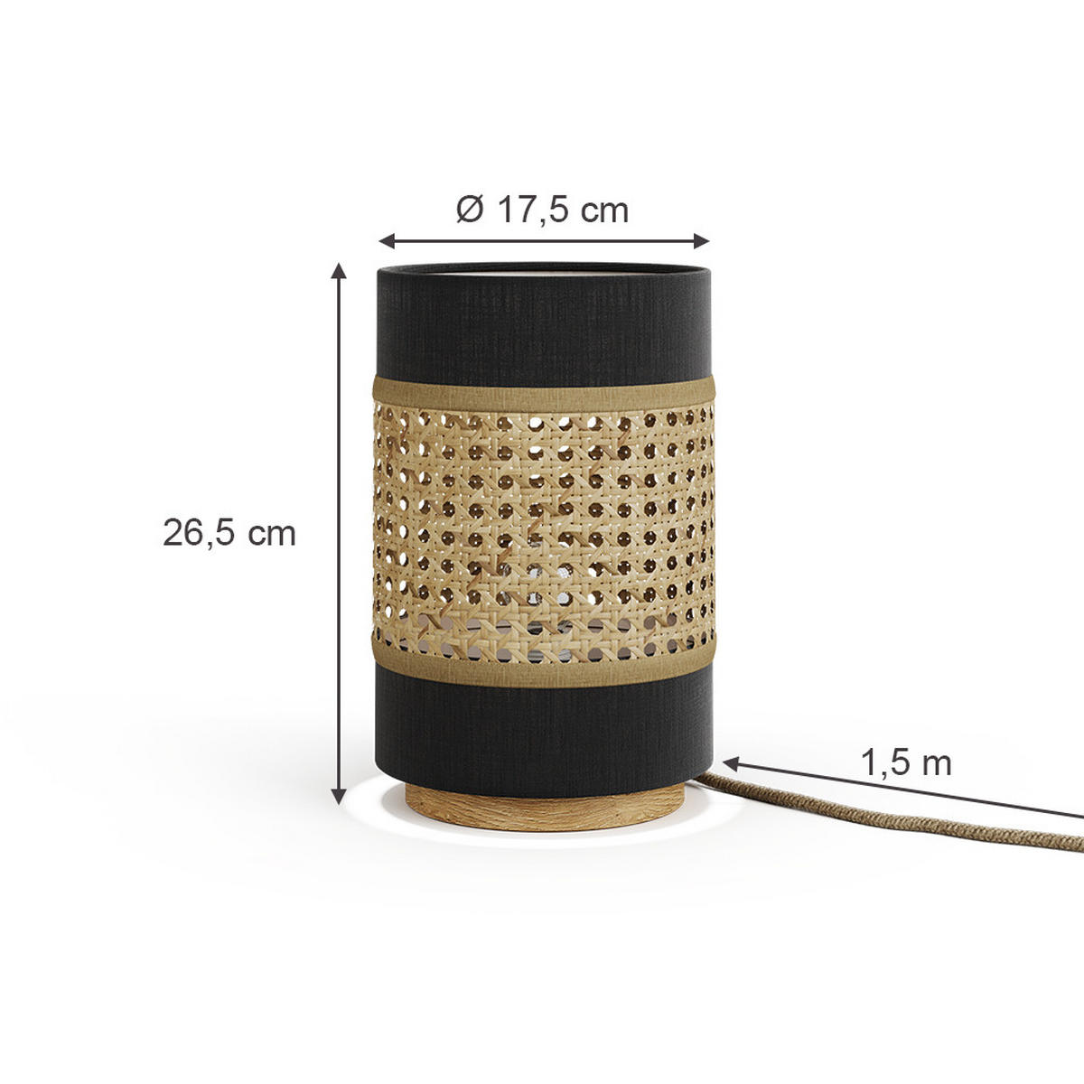 TISCHLAMPE Morten Rattan/Schwarz 17.5 x 26.5 cm - Schwarz/Braun, Holz (17.5/17.5/26.5cm) - Vicco