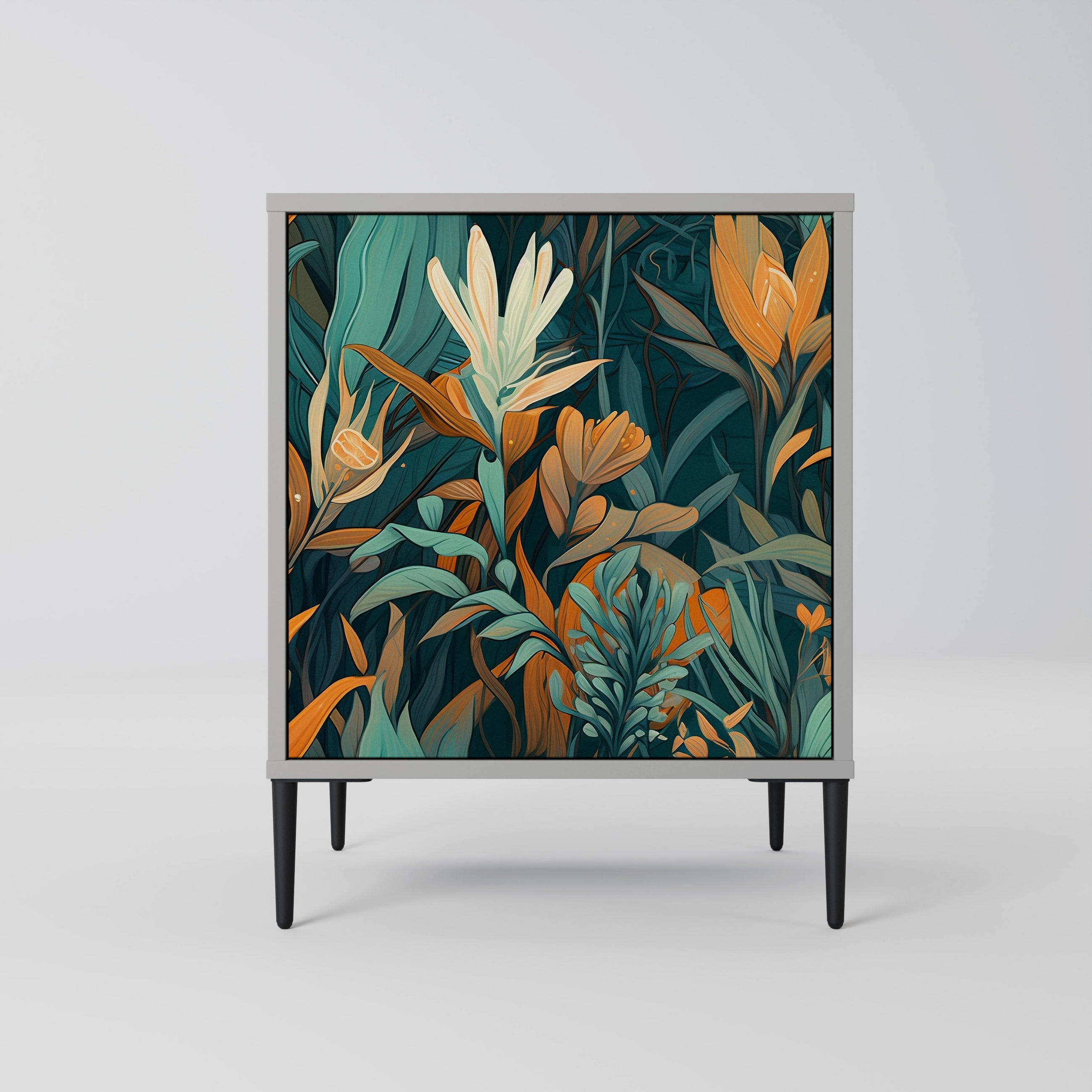 SIDEBOARD FLORAL SERENITY, Grau, 57,5x42x72,5 cm, Schwarze Metallfüße - Multicolor/Schwarz, Holzwerkstoff/Metall (57.5/72.5/42cm) - SpaceRebels