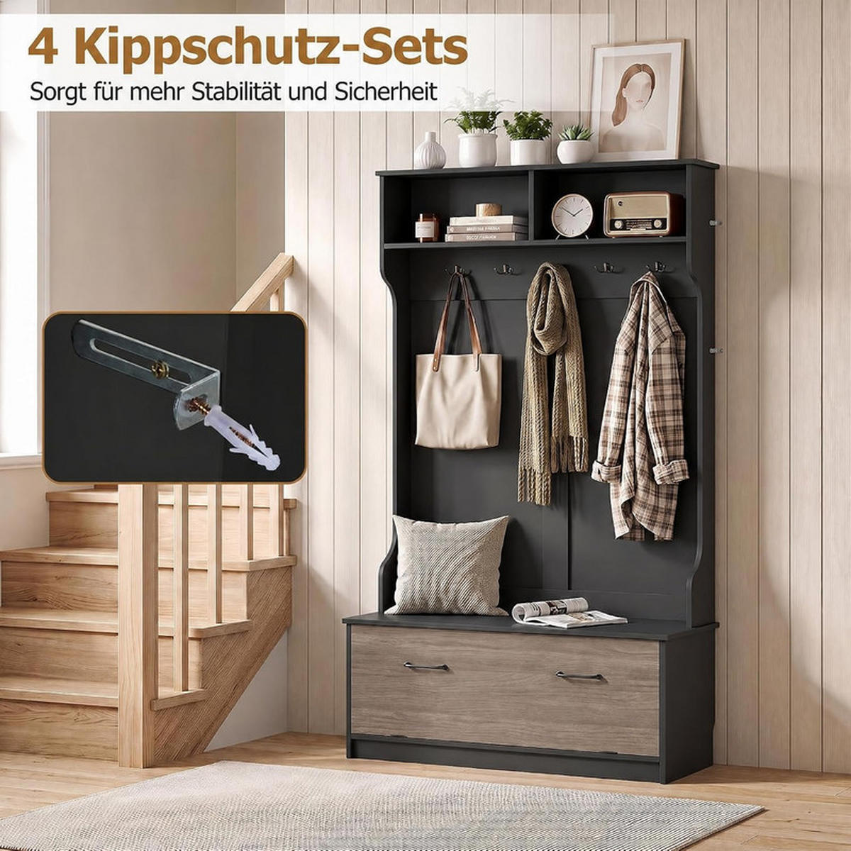 GARDEROBENSTÄNDER mit Schuhschrank schwarz - Schwarz, Holzwerkstoff (100/180/71cm) - COSTWAY