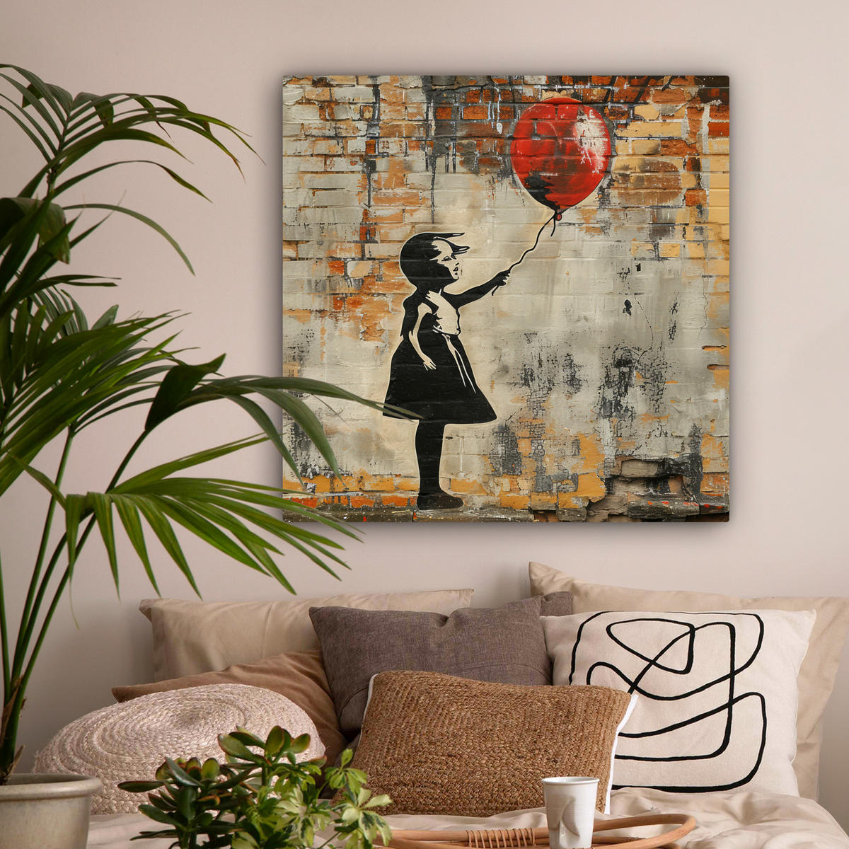 LEINWANDBILD Graffiti - Banksy - Mädchen - Straßenkunst 90x90 cm - Sandfarben, Textil (90/90cm) - MuchoWow