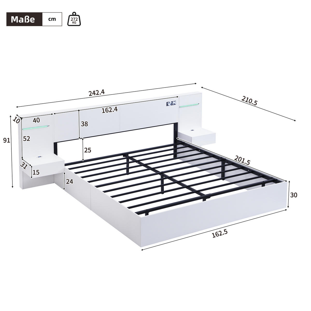 POLSTERBETT 160/200 cm Weiß aus MDF mit Bluetooth-Lautsprechern und USB-Anschluss - Weiß, Holzwerkstoff (160/200cm) - OKMYHOME