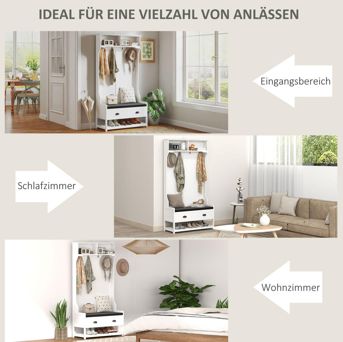 GARDEROBENSTÄNDER mit Schuhbank 89 x 42 x 172 cm MDF White - Weiß, Holzwerkstoff (42/172/89cm) - Beauniv